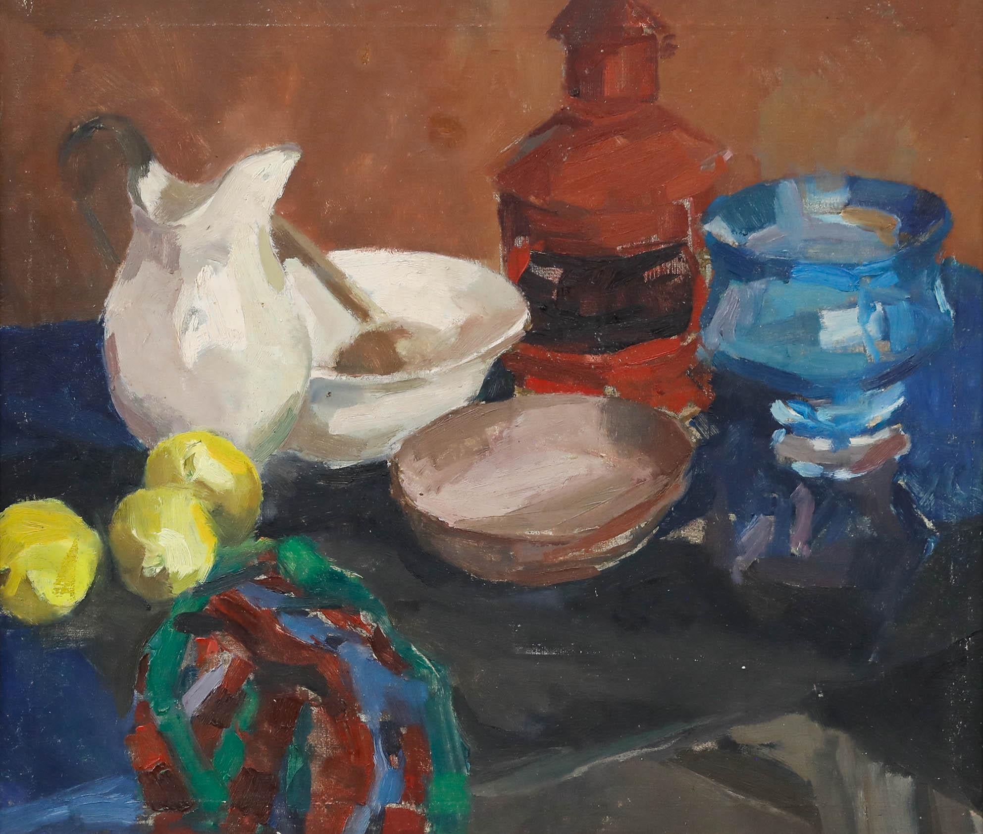 Gerahmtes Öl aus der Mitte des 20. Jahrhunderts - Stilleben mit Gefäßen und Zitronen – Painting von Unknown