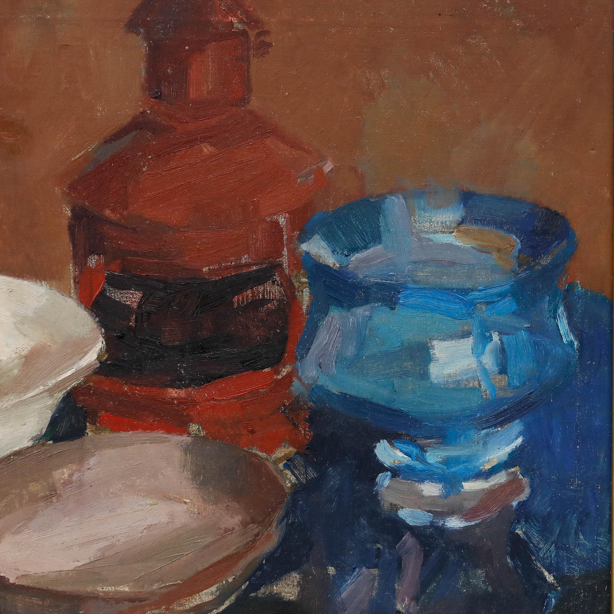 Gerahmtes Öl aus der Mitte des 20. Jahrhunderts - Stilleben mit Gefäßen und Zitronen im Angebot 1