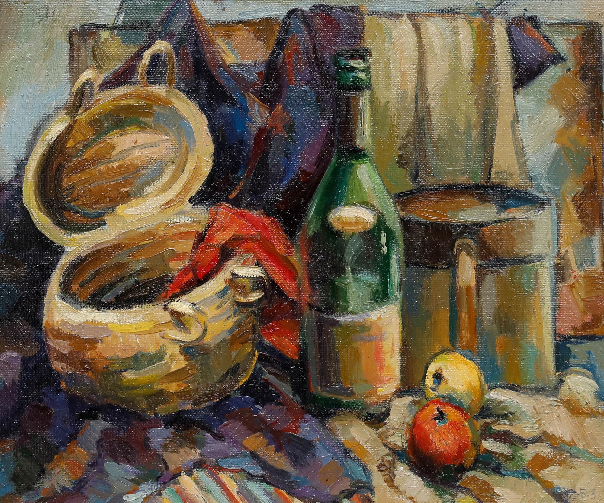 Gerahmtes Öl aus der Mitte des 20. Jahrhunderts - Stillleben mit Wein und Äpfeln – Painting von Unknown