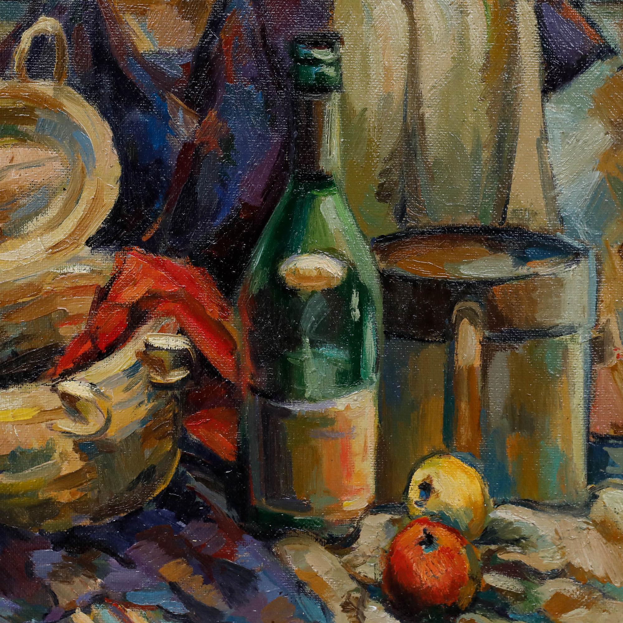 Dieses ausdrucksstarke Stillleben besteht aus einem lebendigen Patchwork aus reichen, warmen Farbtönen und strahlt Wärme und Charakter aus. Undeutlich monogrammiert unten rechts. Gut präsentiert in einem Rahmen mit Goldeffekt. Auf Leinwandkarton.