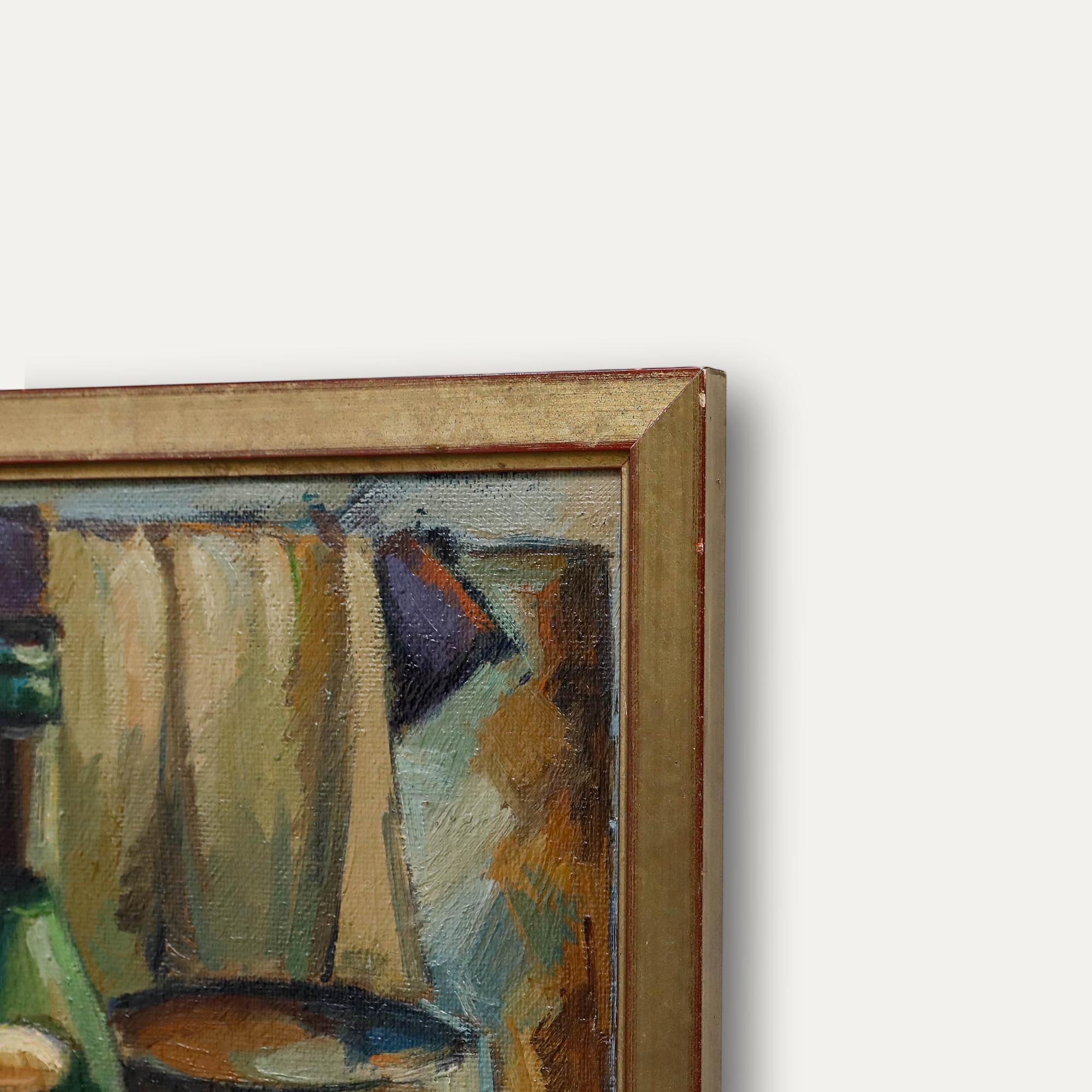 Gerahmtes Öl aus der Mitte des 20. Jahrhunderts - Stillleben mit Wein und Äpfeln im Angebot 1