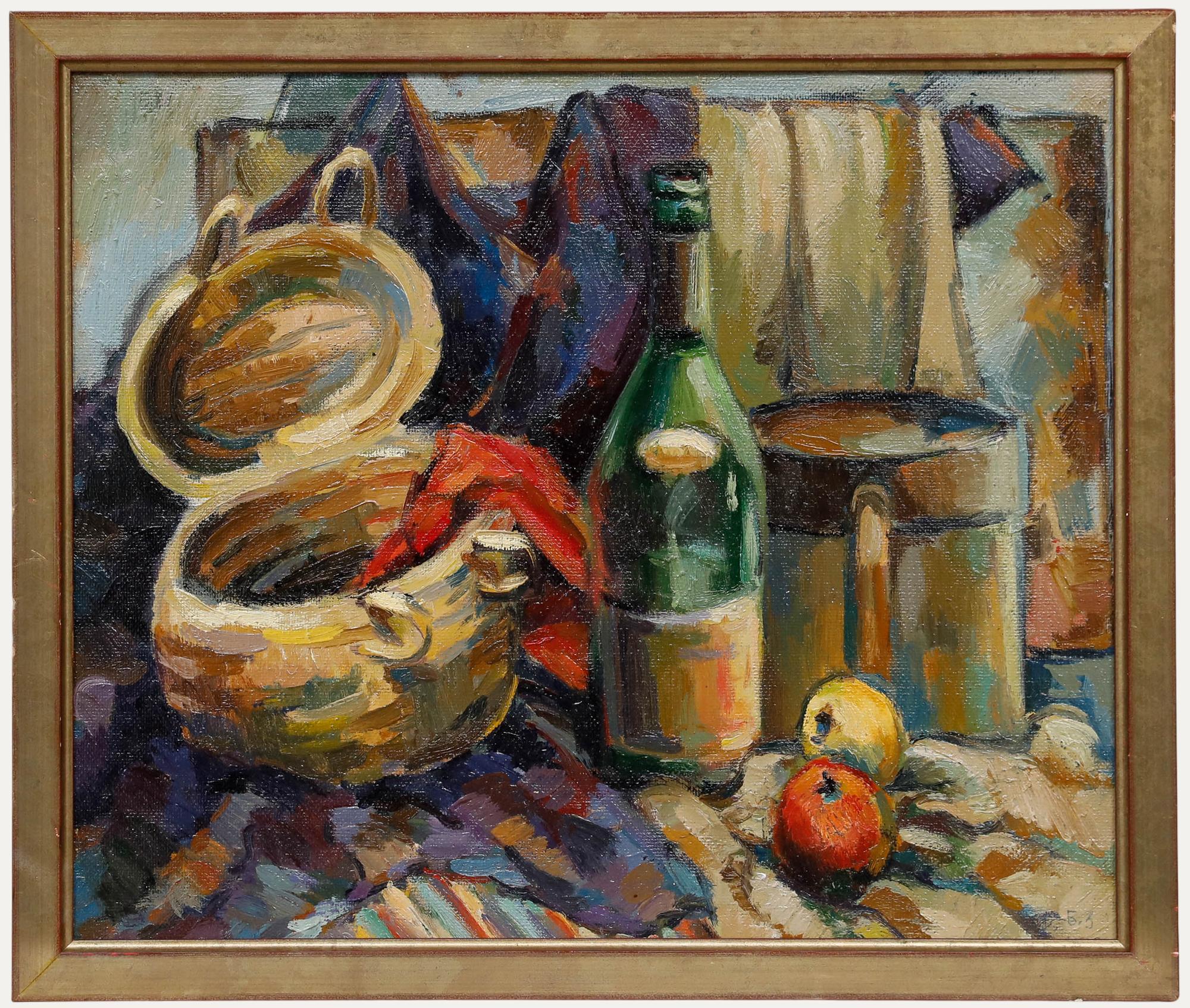 Gerahmtes Öl aus der Mitte des 20. Jahrhunderts - Stillleben mit Wein und Äpfeln
