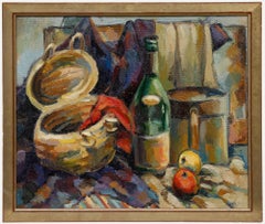 Gerahmtes Öl aus der Mitte des 20. Jahrhunderts - Stillleben mit Wein und Äpfeln