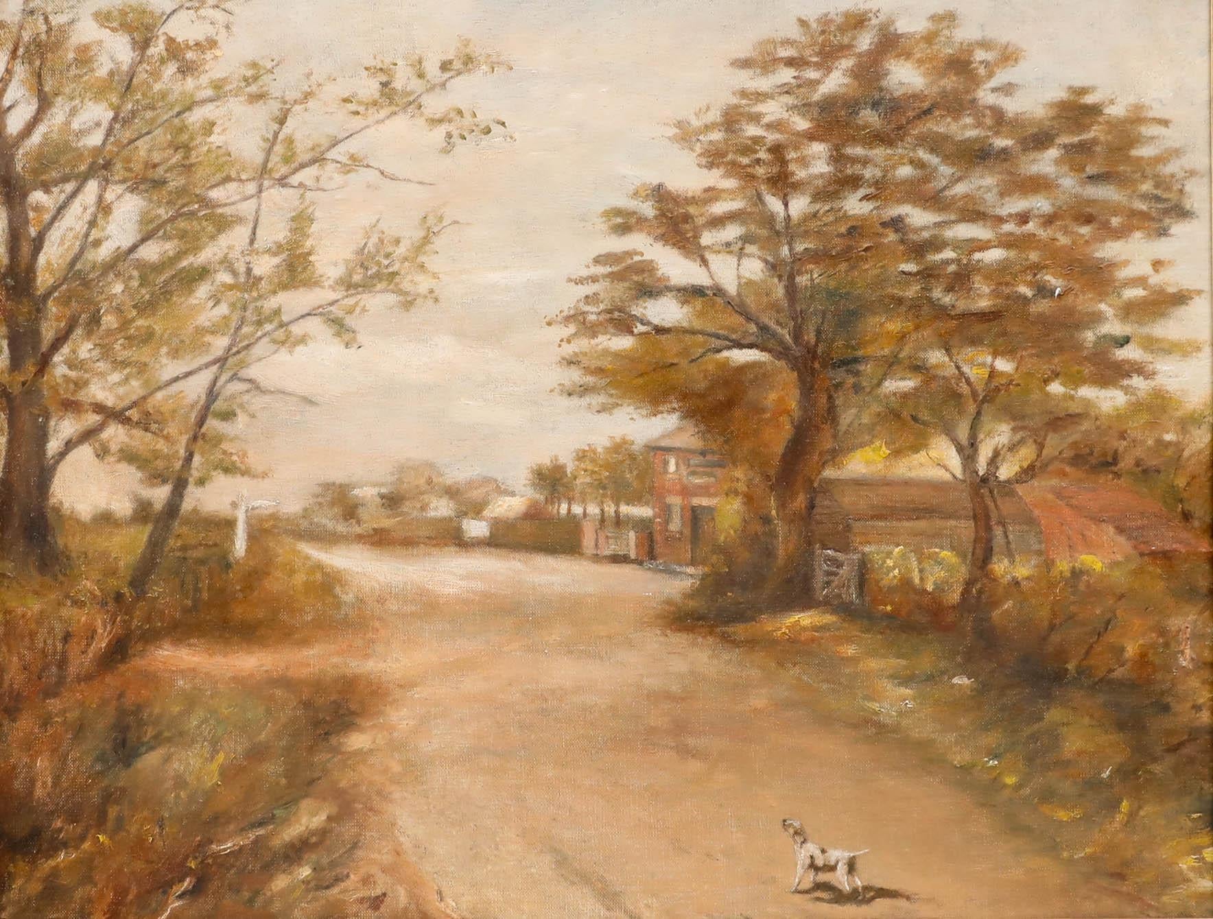 Gerahmtes Öl aus der Mitte des 20. Jahrhunderts - Mit dem Hund spazieren gehen – Painting von Unknown