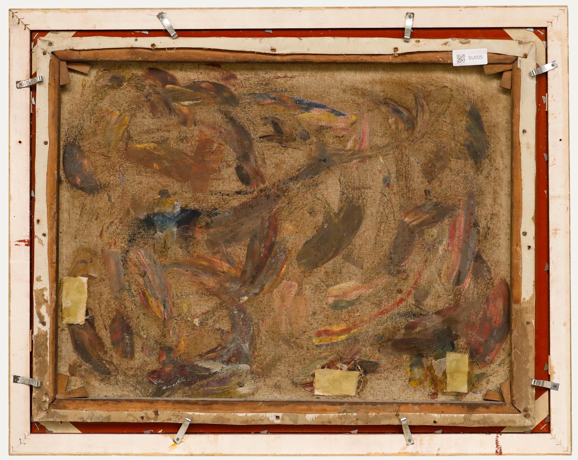 Gerahmtes Öl aus der Mitte des 20. Jahrhunderts - Mit dem Hund spazieren gehen (Braun), Landscape Painting, von Unknown