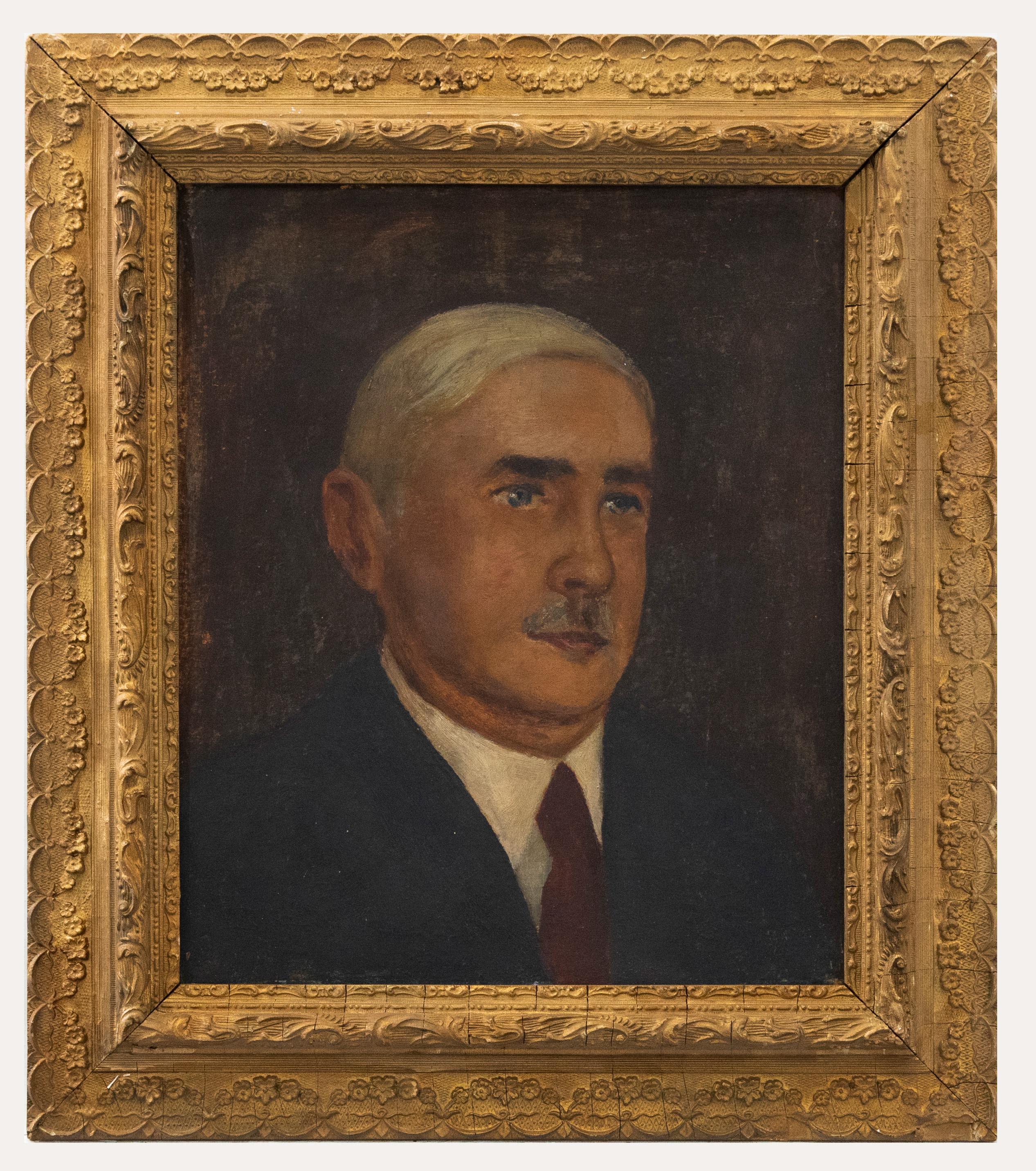 A delightful portrait of a middle-aged businessman who is smartly dressed in a navy suit and red tie. Well presented in an ornate gilt effect frame. Unsigned. On board.
