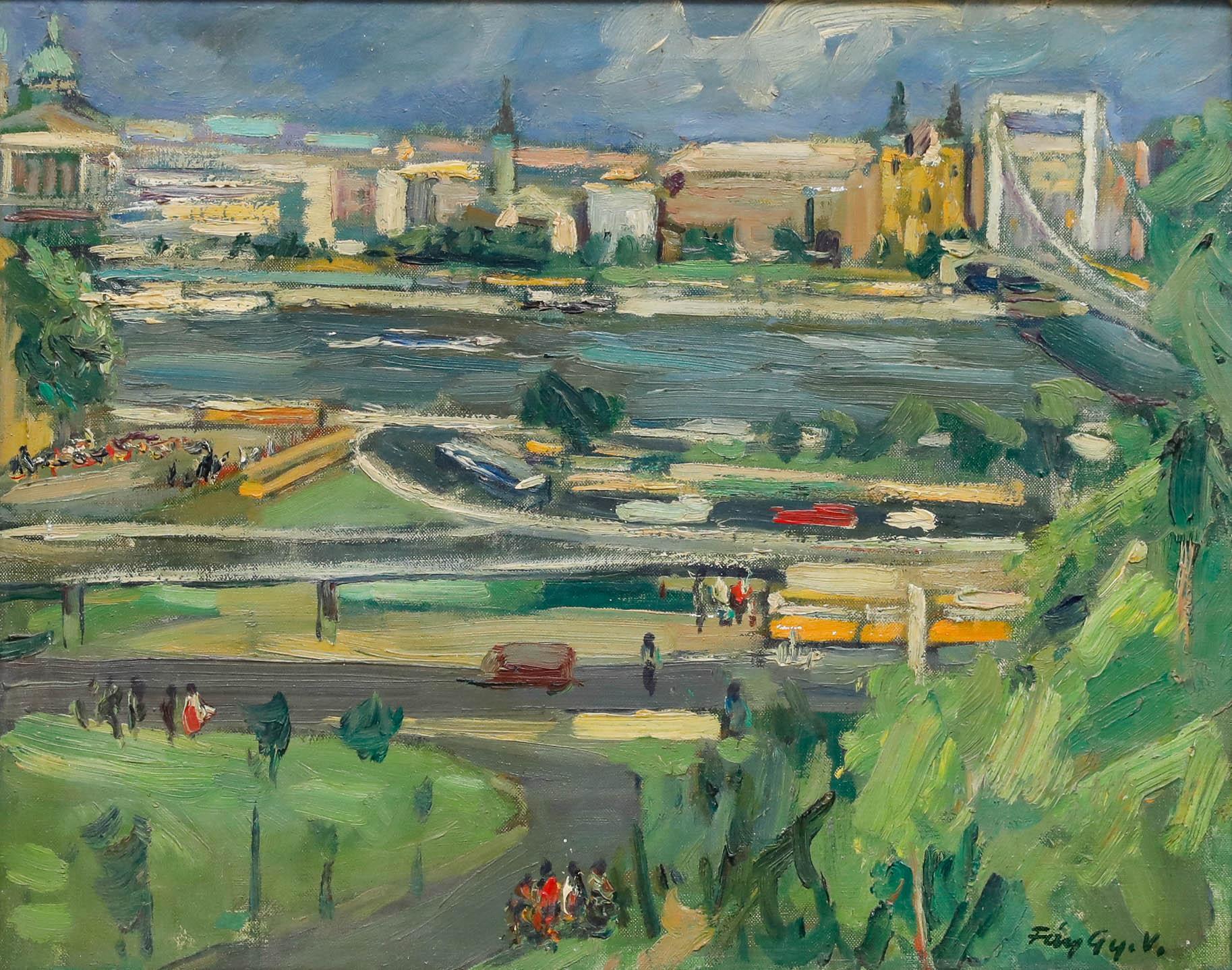 Framed Mid 20th Century Oil - The City from the Waterfront - Painting by Unknown