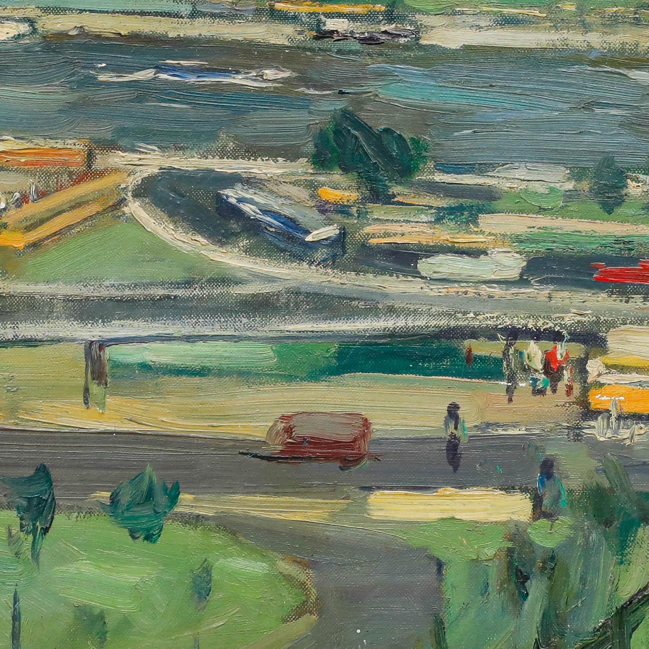 This vibrant cityscape depicts the bustling energy of an urban waterfront, with a prominent bridge, boats, and buildings captured in a loose, expressive style. To the foreground, figures and transport crowd the scene in flashes of primary colour.