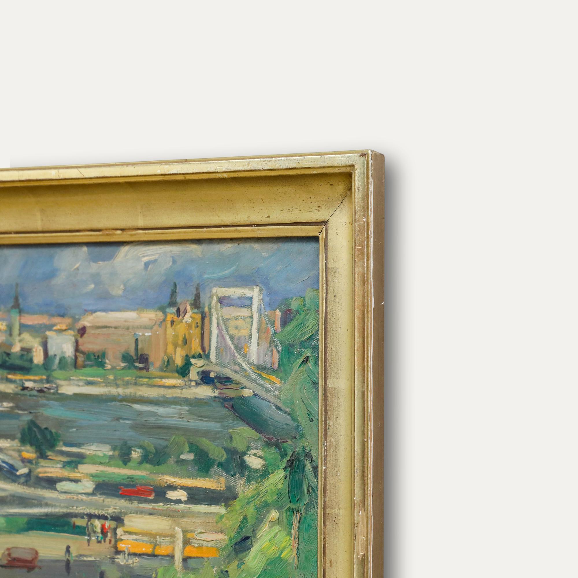 Framed Mid 20th Century Oil - The City from the Waterfront For Sale 1