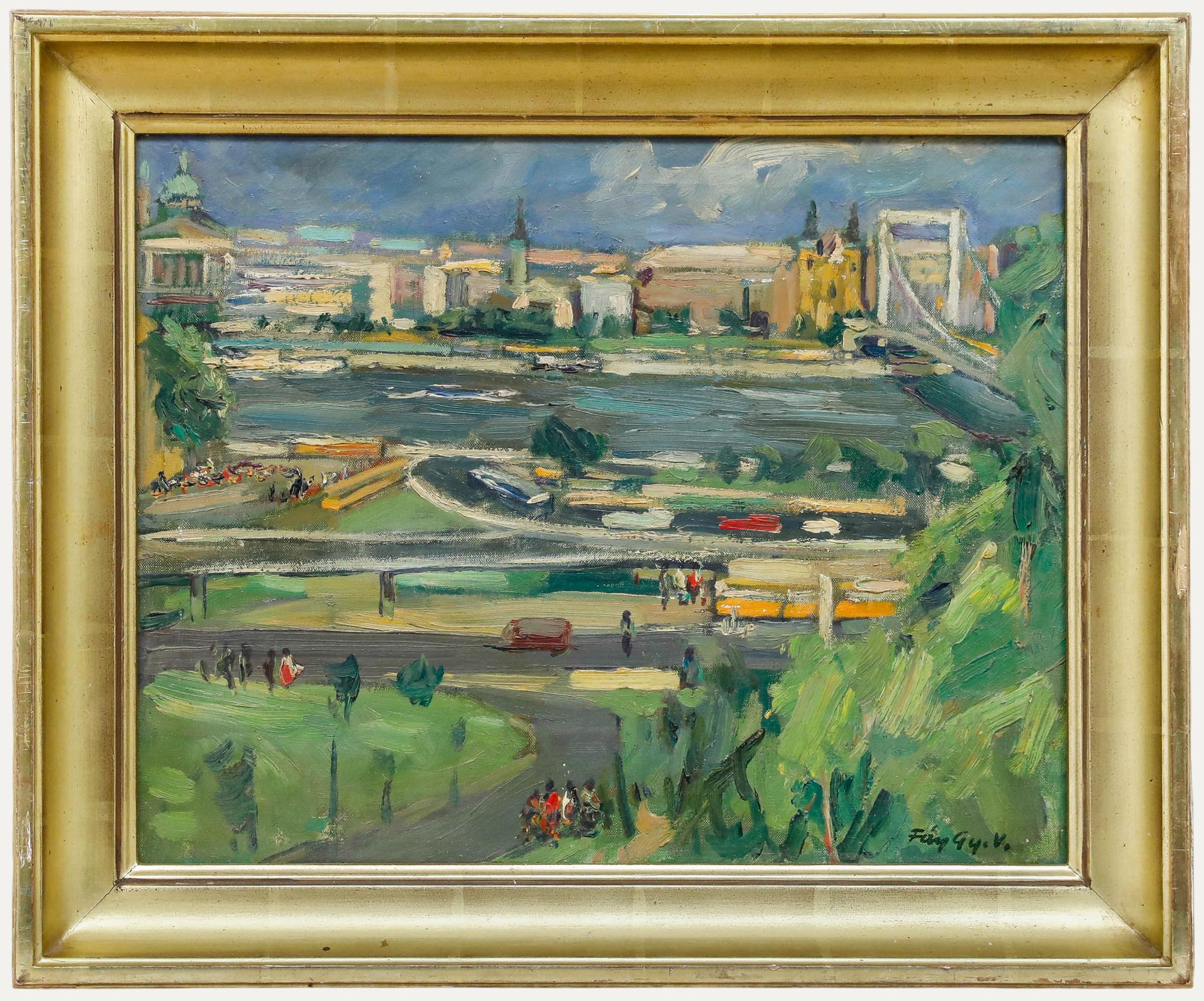 Unknown Landscape Painting - Framed Mid 20th Century Oil - The City from the Waterfront