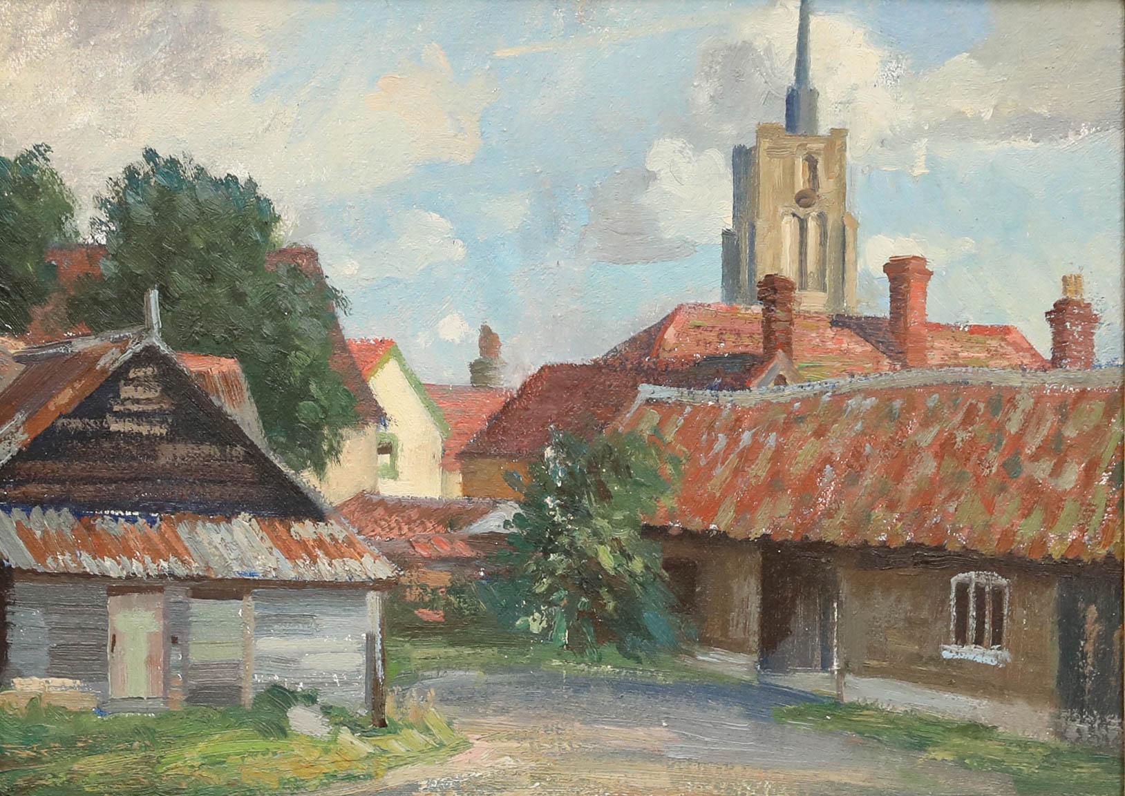 Gerahmtes Öl aus der Mitte des 20. Jahrhunderts - The Far Side of Townes – Painting von Unknown