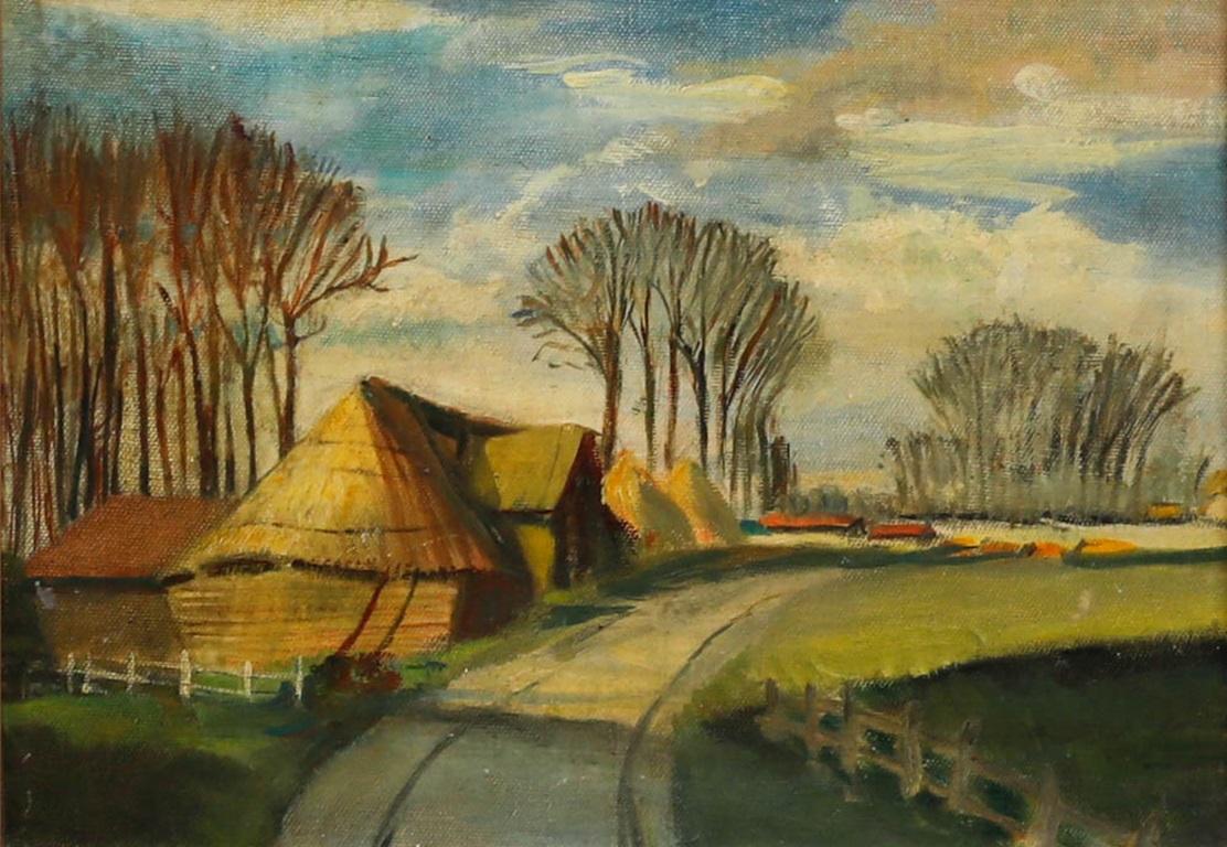 Huile du milieu du 20e siècle encadrée - The Farm Drive - Painting de Unknown