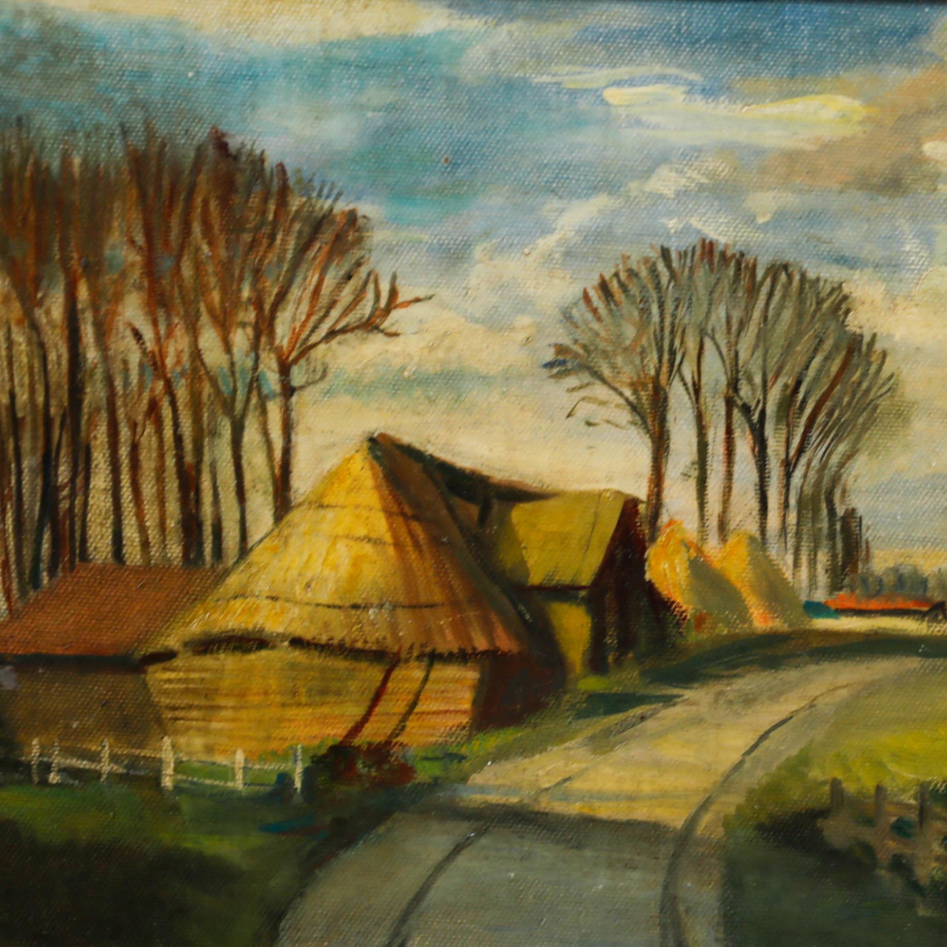 Paysage à l'huile du milieu du siècle. Scène rurale avec des champs et une ferme au premier plan. Présenté dans un cadre doré décoratif avec des motifs de feuillage. Non signée. Sur panneau de toile.