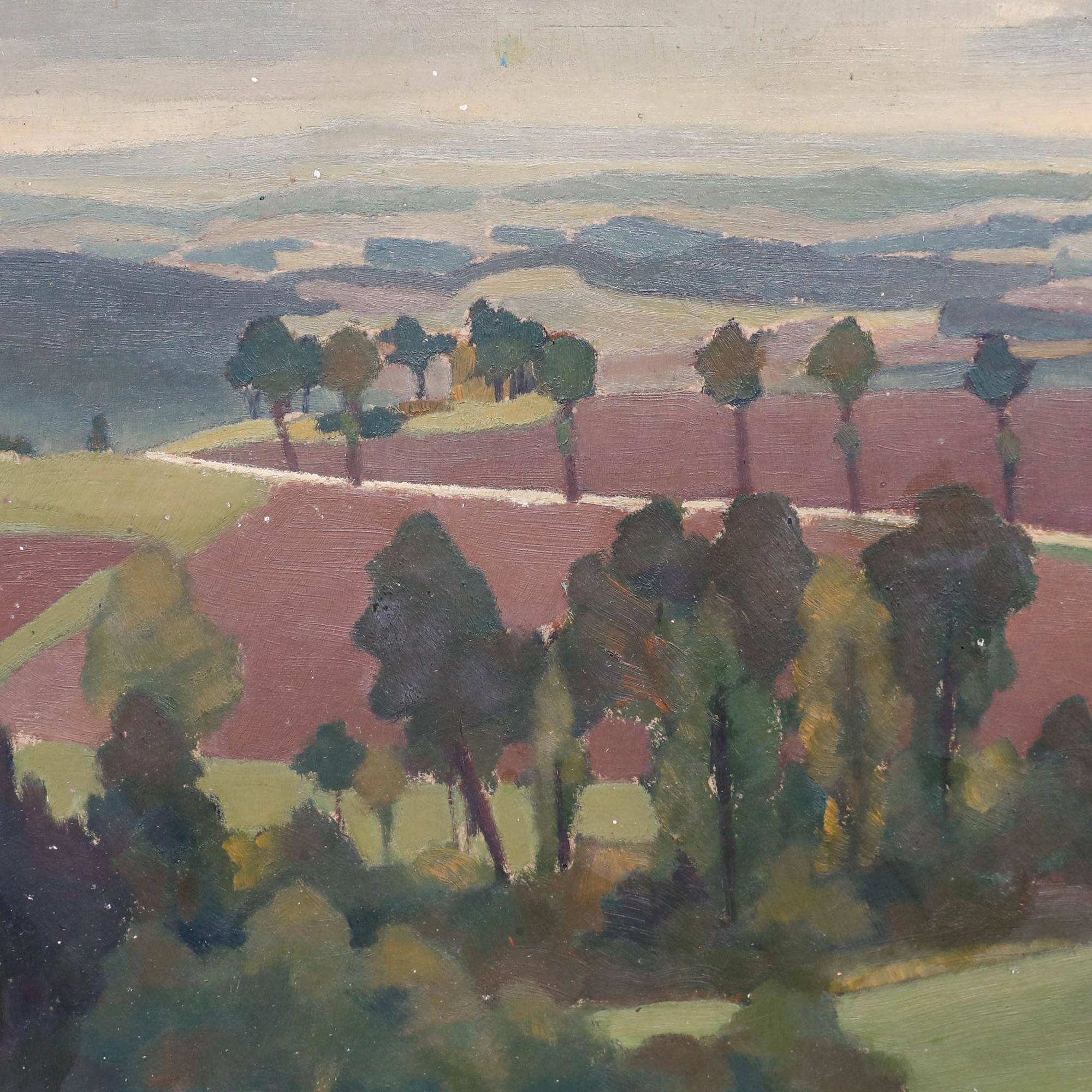 A charming mid-century landscape, captured from an elevated viewpoint, overlooking trees, meadows and freshly cultivated fields in the month of March. Well presented in a painted wooden frame. Unsigned. On board. 