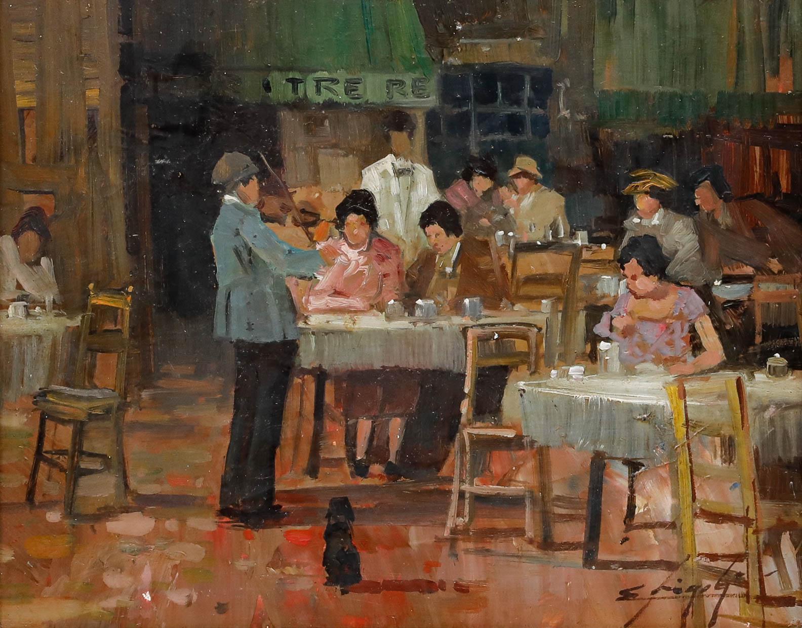 Gerahmtes Öl aus der Mitte des 20. Jahrhunderts - Der Straßenmusikant – Painting von Unknown