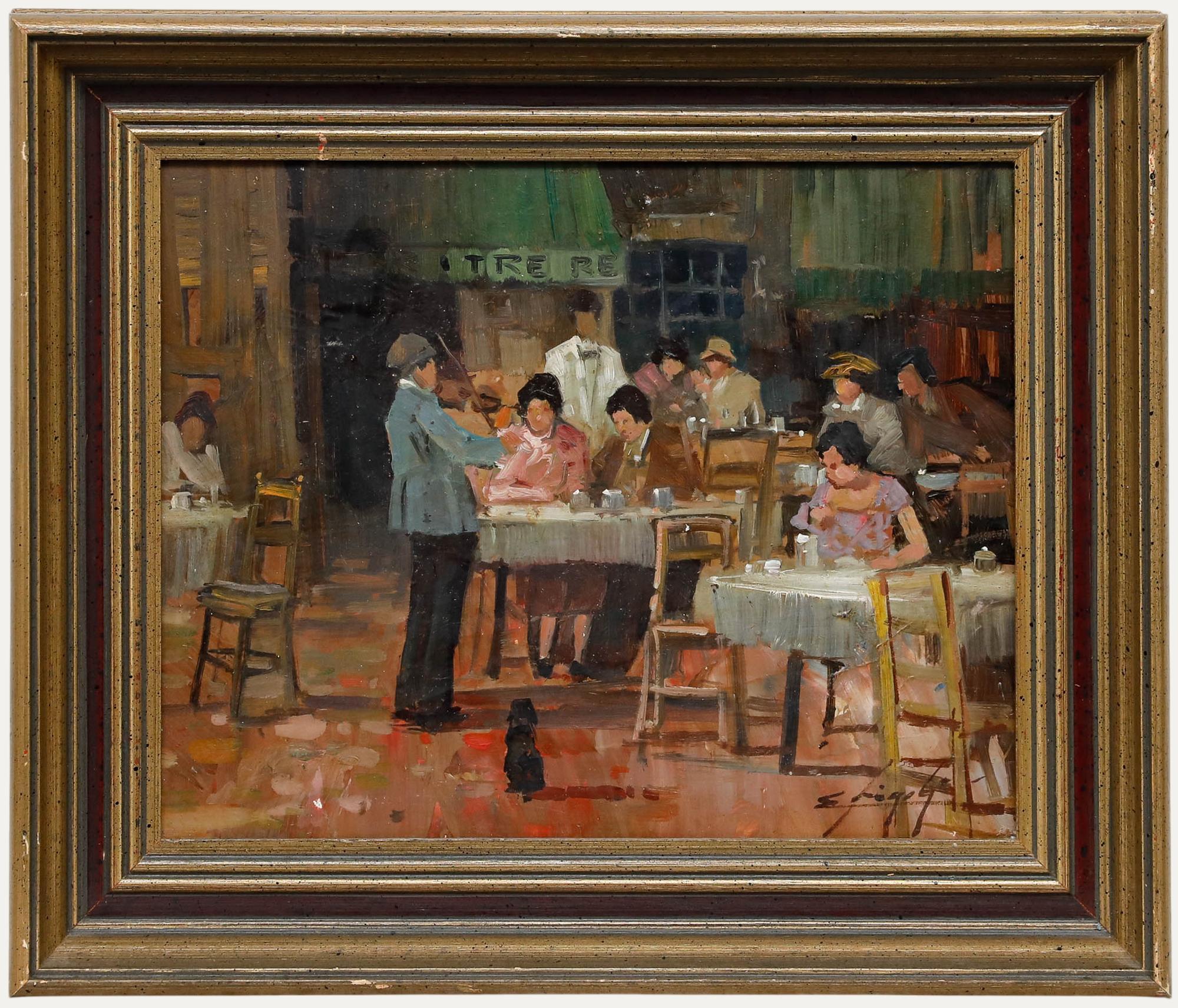 Gerahmtes Öl aus der Mitte des 20. Jahrhunderts - Der Straßenmusikant