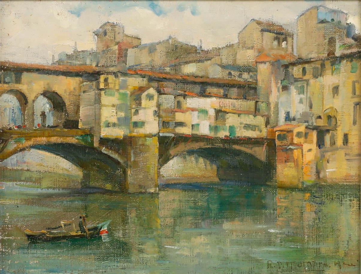 Huile encadrée du milieu du 20e siècle - Vue du Ponte Vecchio - Painting de Unknown
