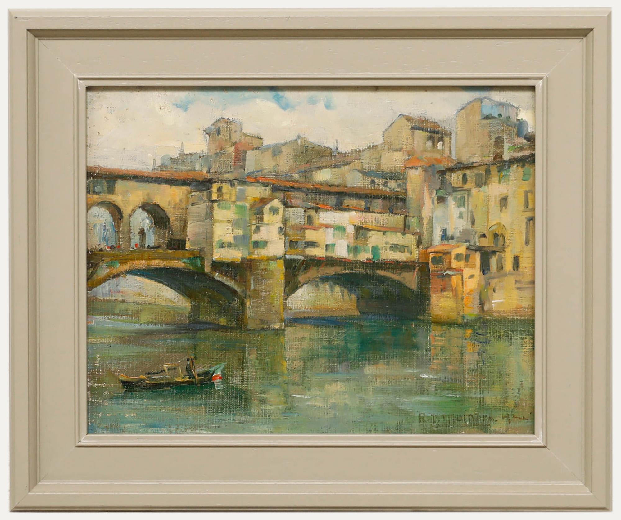 Gerahmtes Öl aus der Mitte des 20. Jahrhunderts - Blick auf Ponte Vecchio
