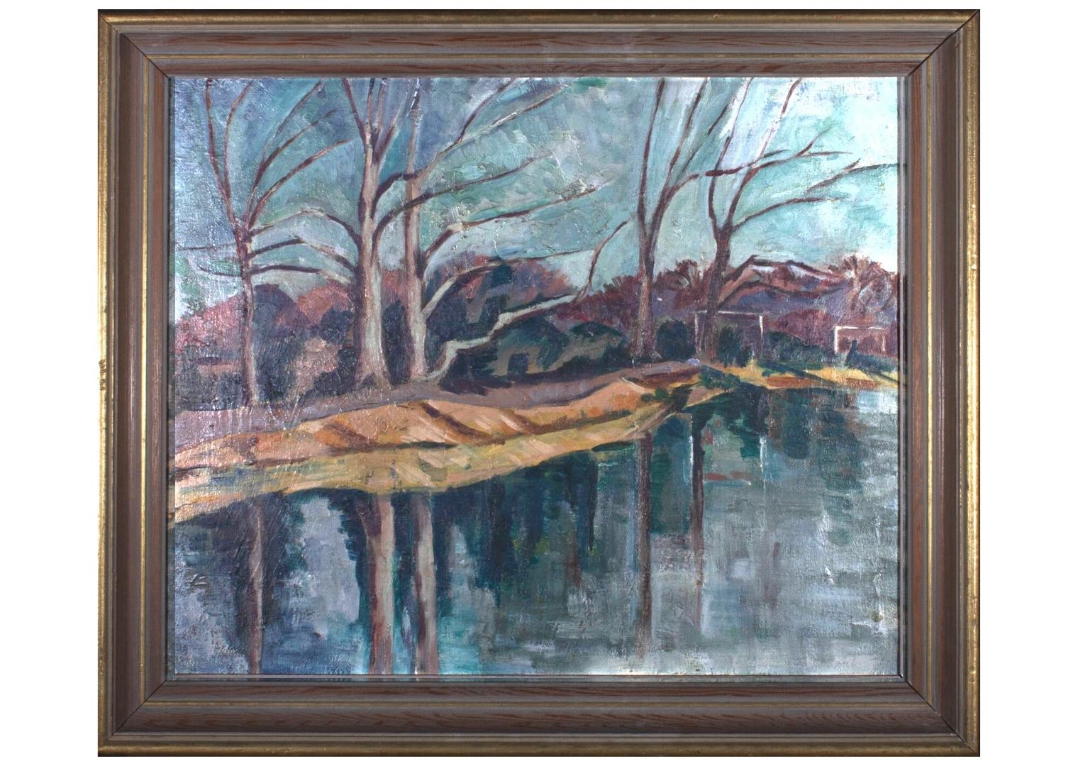 Unknown Landscape Painting - Framed Mid 20th Century Oil - Winter River