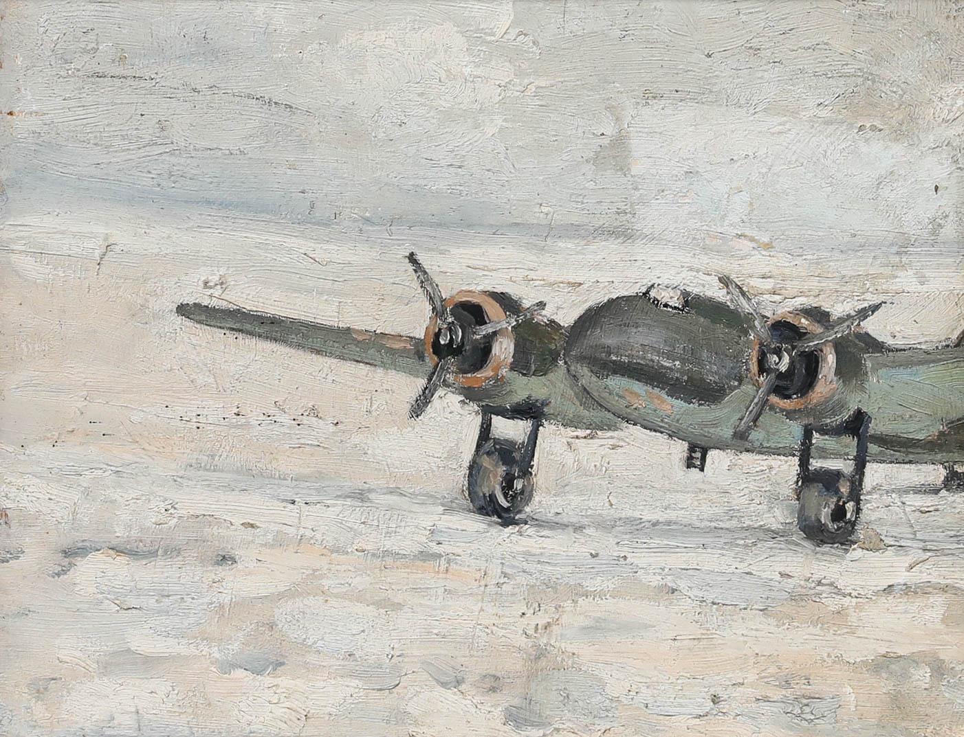 Gerahmtes Öl aus der Mitte des 20. Jahrhunderts - WW2-Bomber auf einem Strand – Painting von Unknown