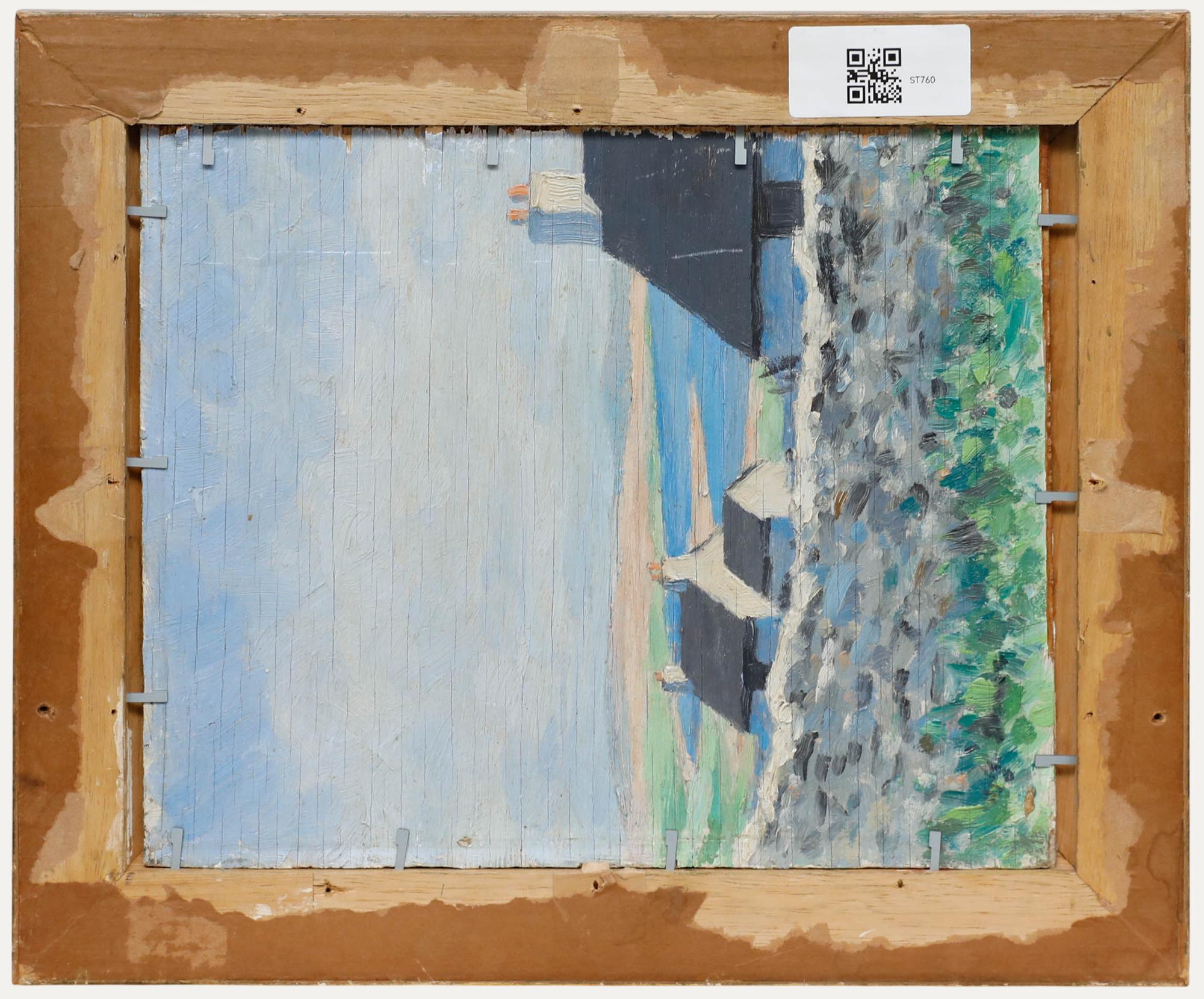 Gerahmtes Öl aus der Mitte des 20. Jahrhunderts - WW2-Bomber auf einem Strand (Beige), Landscape Painting, von Unknown