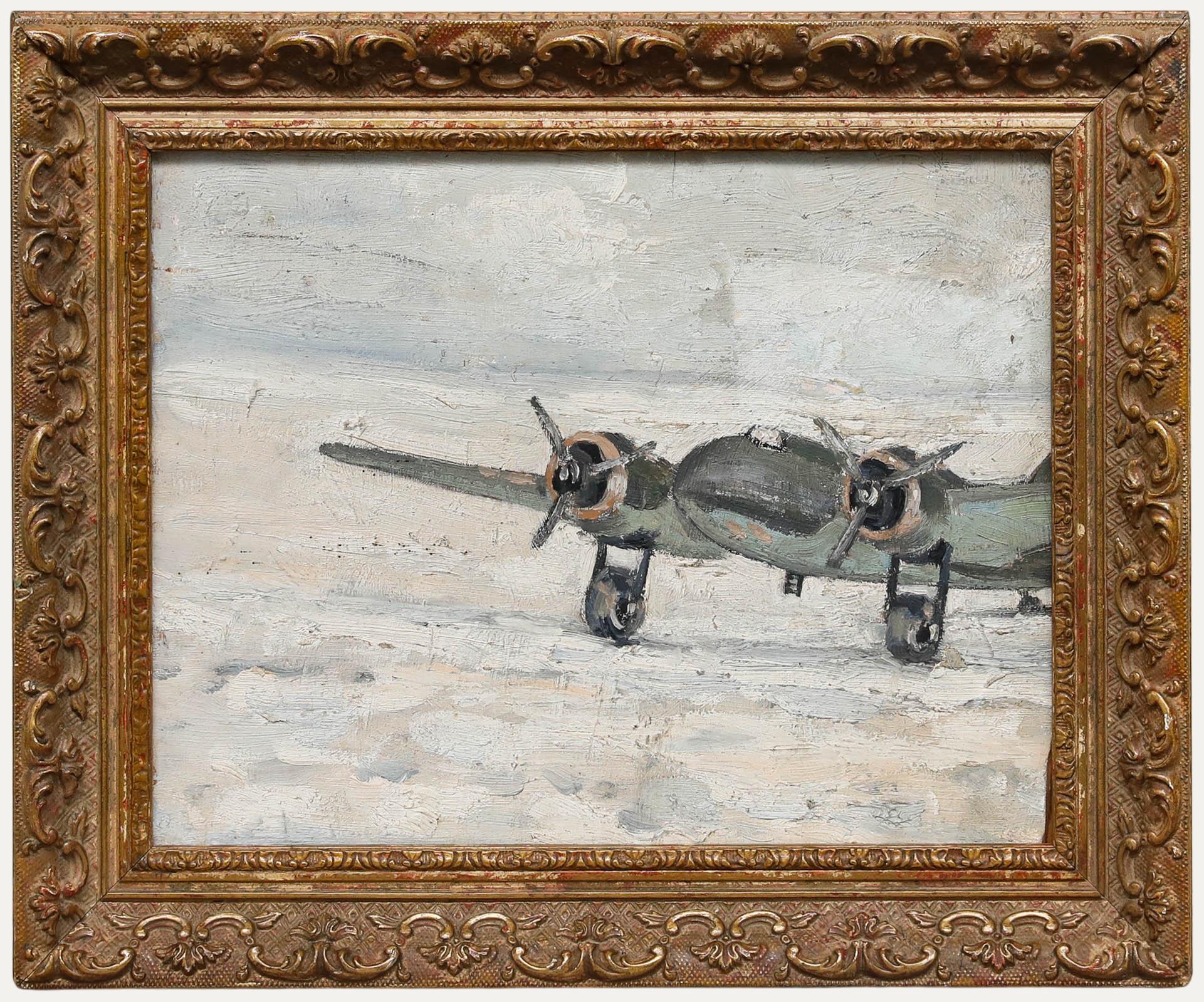 Gerahmtes Öl aus der Mitte des 20. Jahrhunderts - WW2-Bomber auf einem Strand