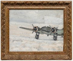 Gerahmtes Öl aus der Mitte des 20. Jahrhunderts - WW2-Bomber auf einem Strand