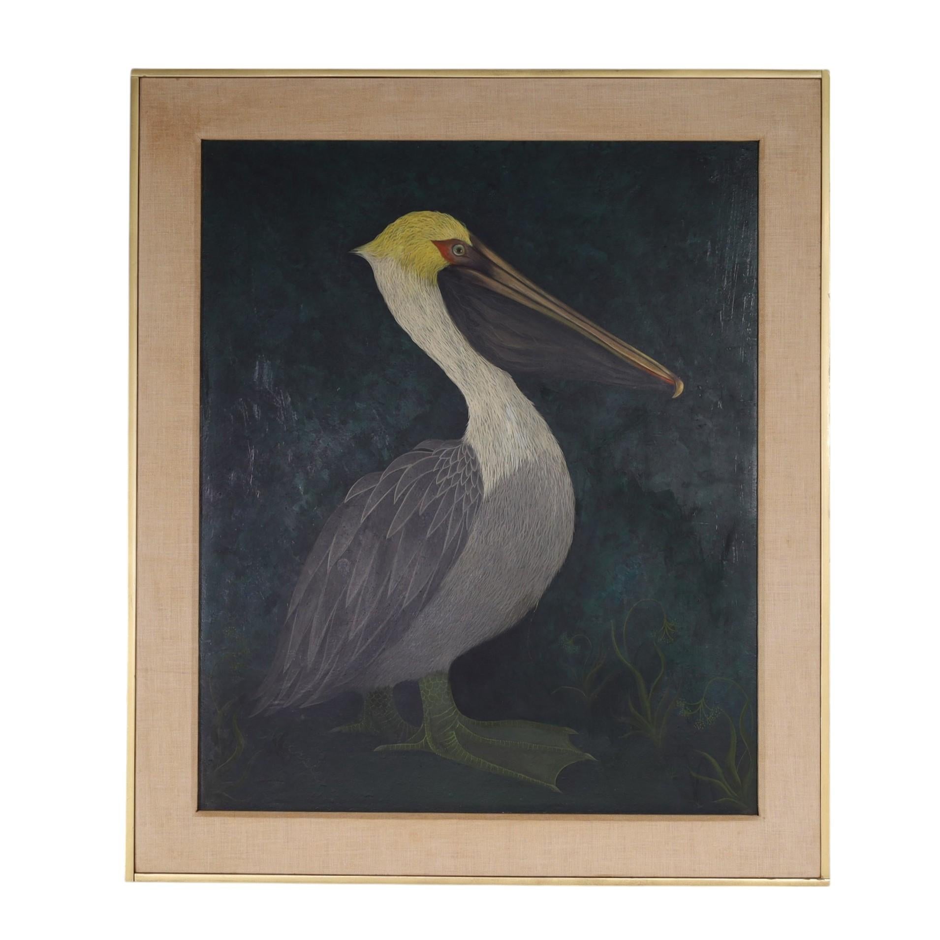 Whimsical vintage oil painting on board of a pelican executed in a unique naive style with flowers and plants. Signed Massie in the lower right dated 1958 on the back and presented in a wood frame with gilt accents.