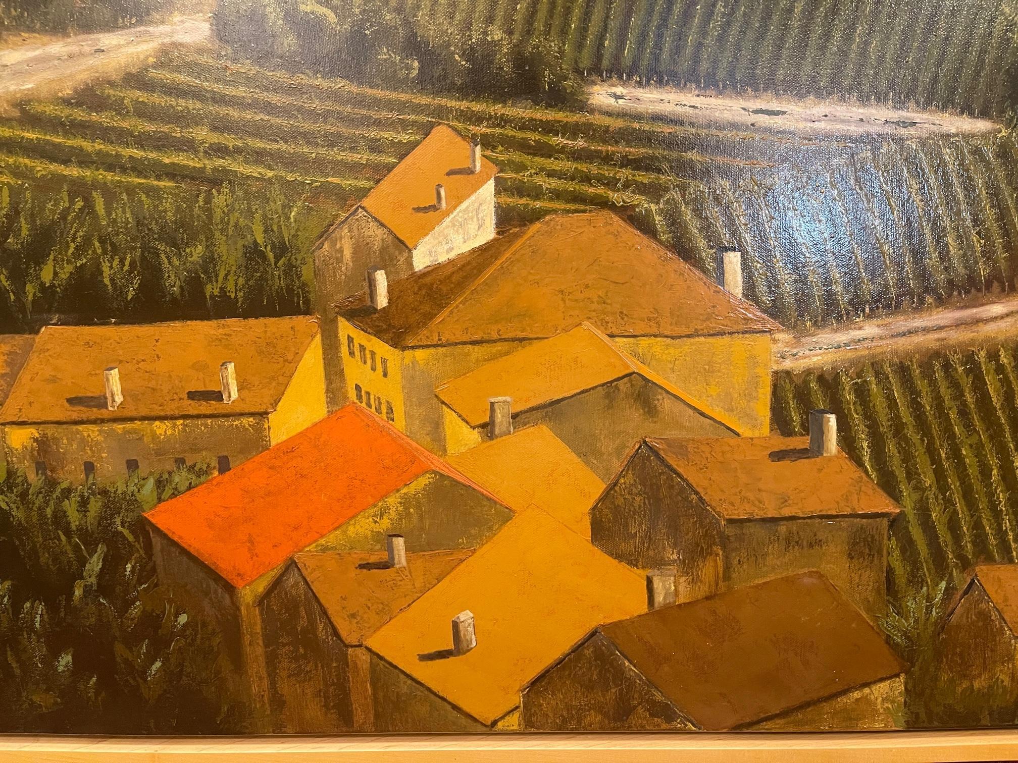 Huile sur lin encadrée « Red Tile Roof, St. Emilion, Bordeaux » par Mark Sylva en vente 2