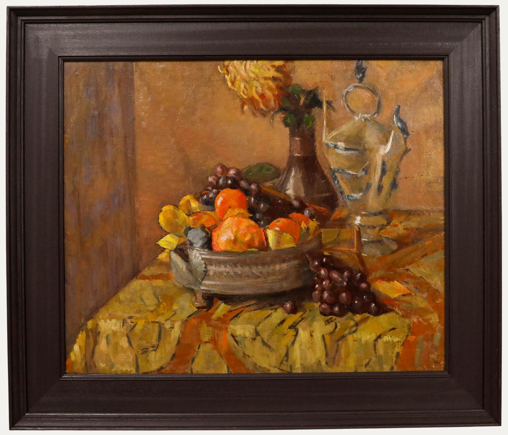 Unknown Still-Life Painting - Framed Oil, Still Life with Samovar & Fruit Basket