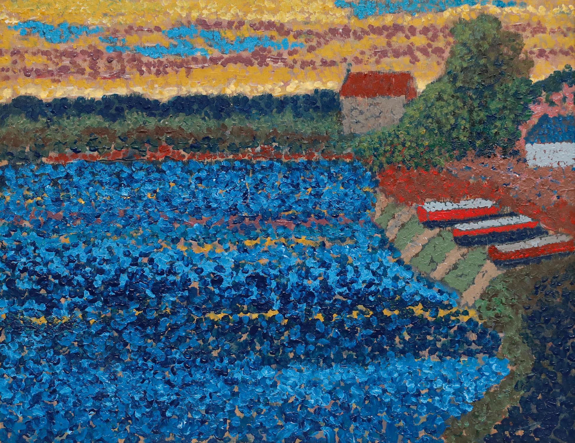 Framed Pointillist 20th Century Oil - Boats Beside the Lake - Painting by Unknown