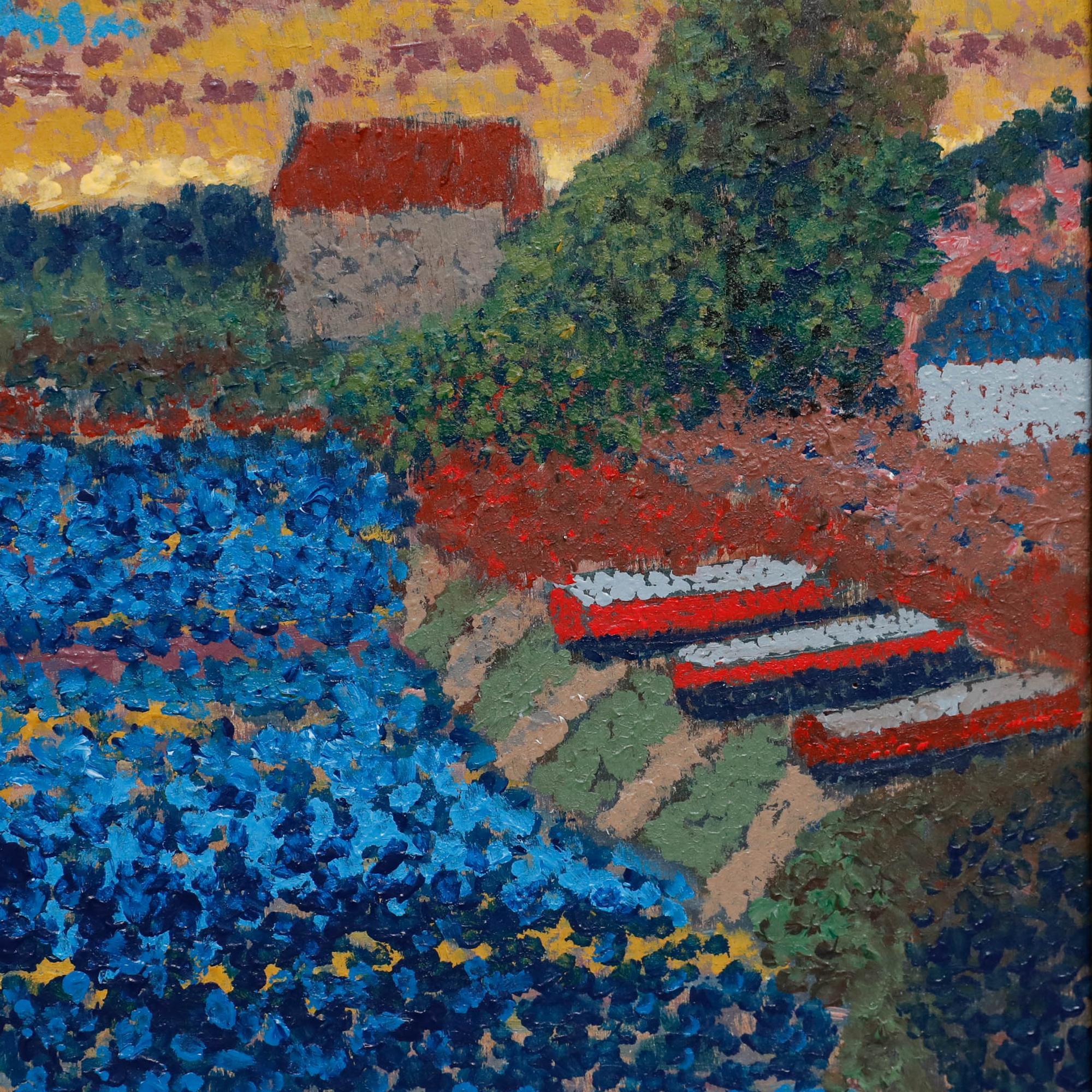 Framed Pointillist 20th Century Oil - Boats Beside the Lake - Brown Figurative Painting by Unknown