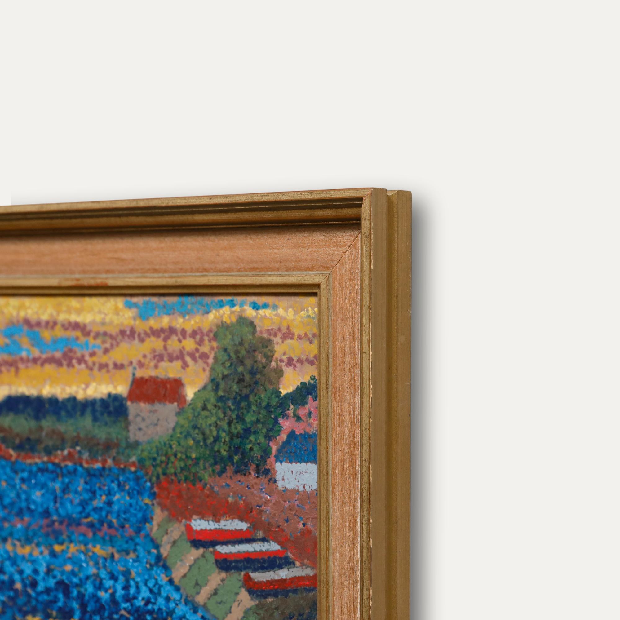 This vibrant pointillist-style painting captures a serene coastal scene, with a vast expanse of blue water dominating the foreground. The composition is balanced by touches of rustic charm, including a small red-roofed structure and wooden steps