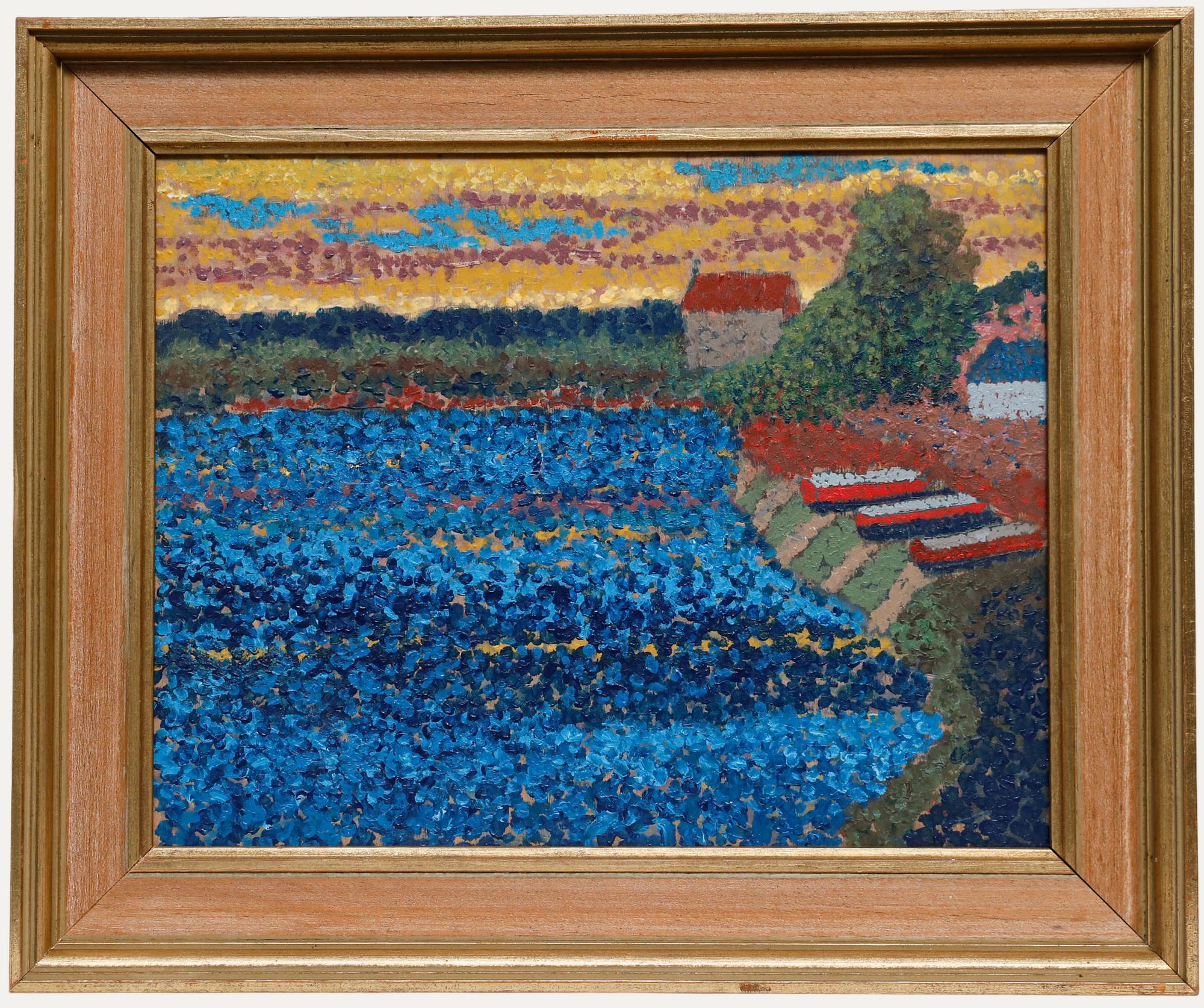 Unknown Figurative Painting - Framed Pointillist 20th Century Oil - Boats Beside the Lake