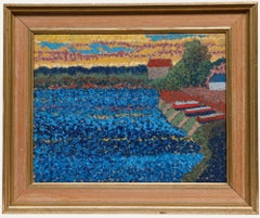 Framed Pointillist 20th Century Oil - Boats Beside the Lake