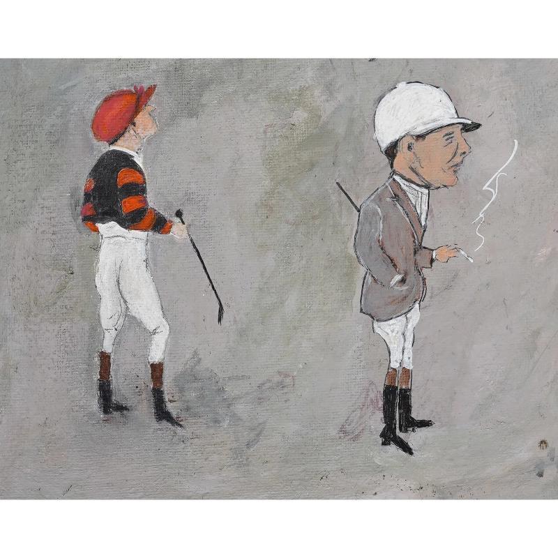 Vignette encadrée de 4 jockeys anglais Huile sur toile en vente 2