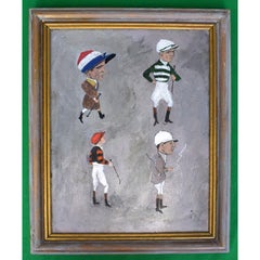 Framed Vignette of 4 English Jockeys Oil on Canvas