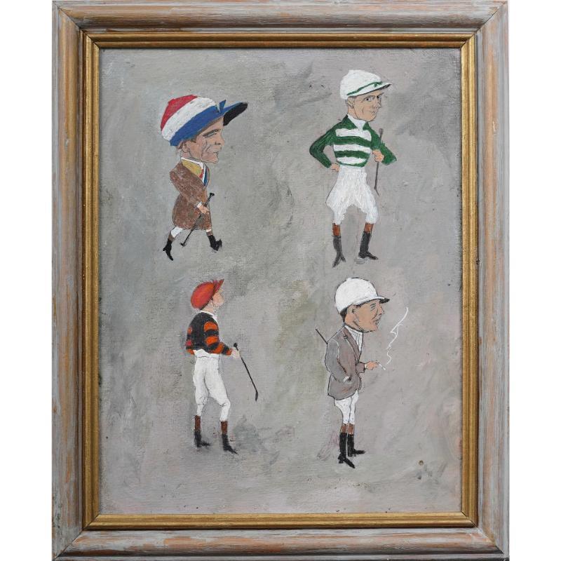 Vignette encadrée de 4 jockeys anglais Huile sur toile - Painting de Unknown