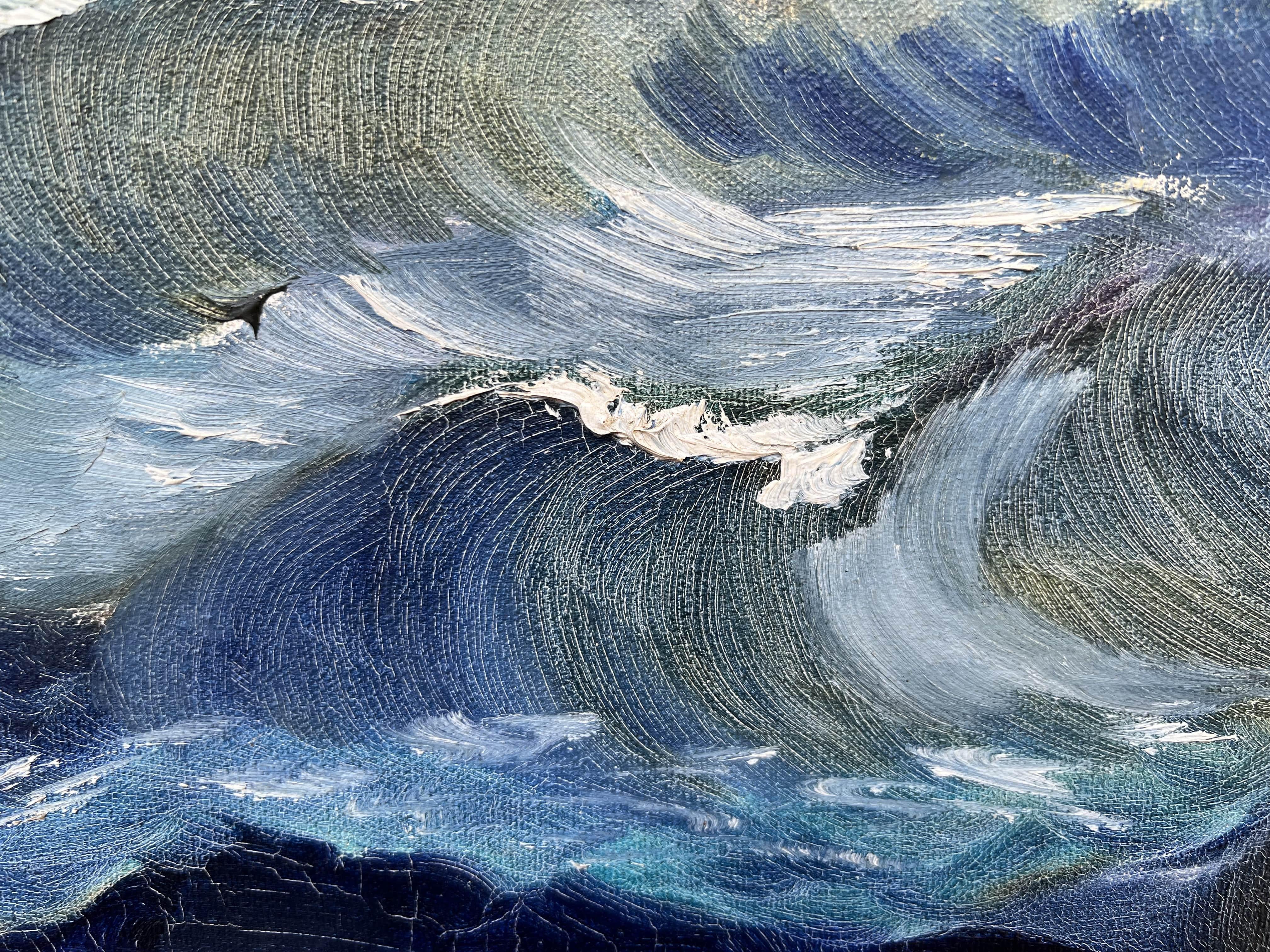 Dipinto a olio su tela d'epoca incorniciato, Nave a vela nell'oceano, firmato JJ 5