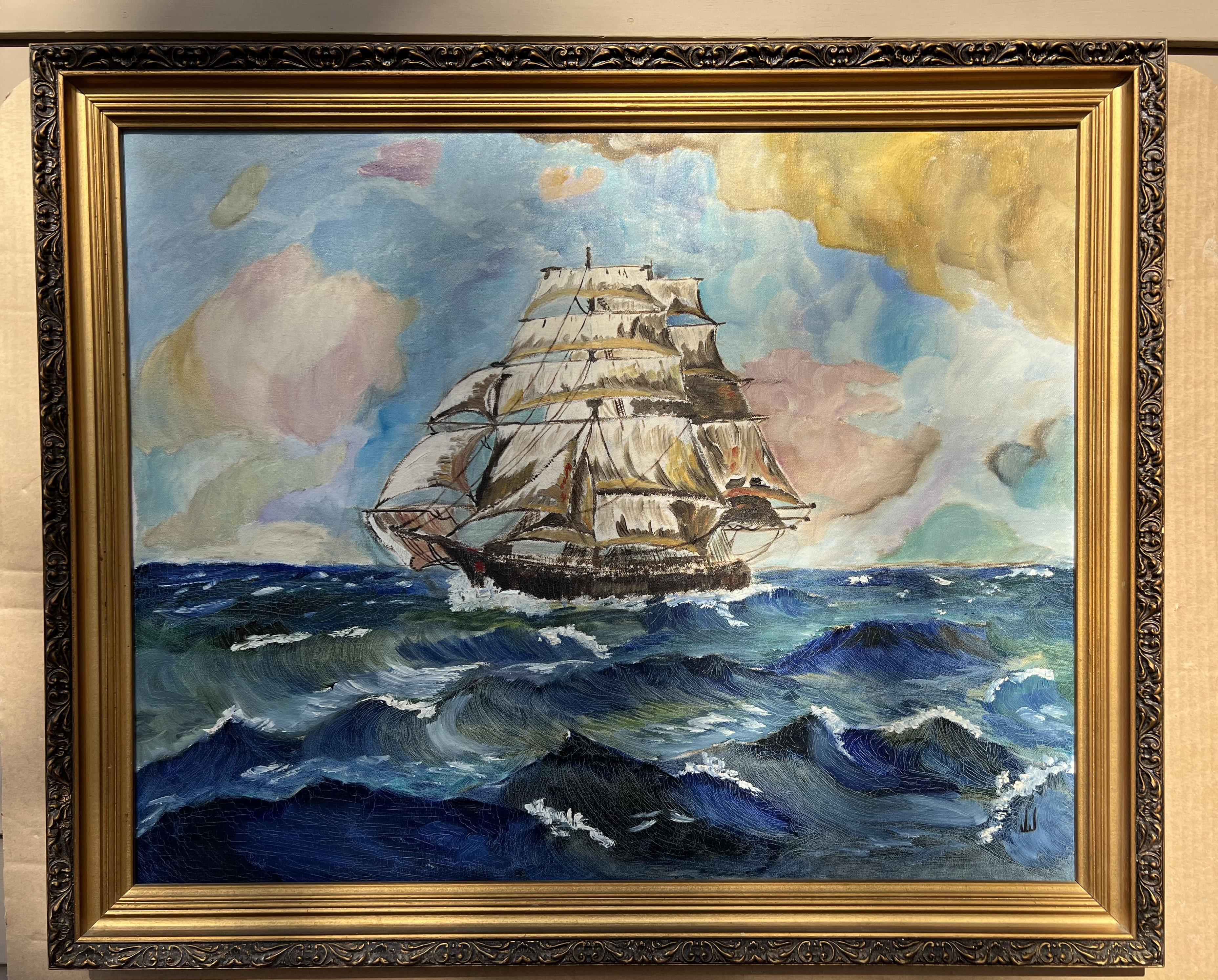 Dipinto a olio su tela d'epoca incorniciato, Nave a vela nell'oceano, firmato JJ - Painting di Unknown