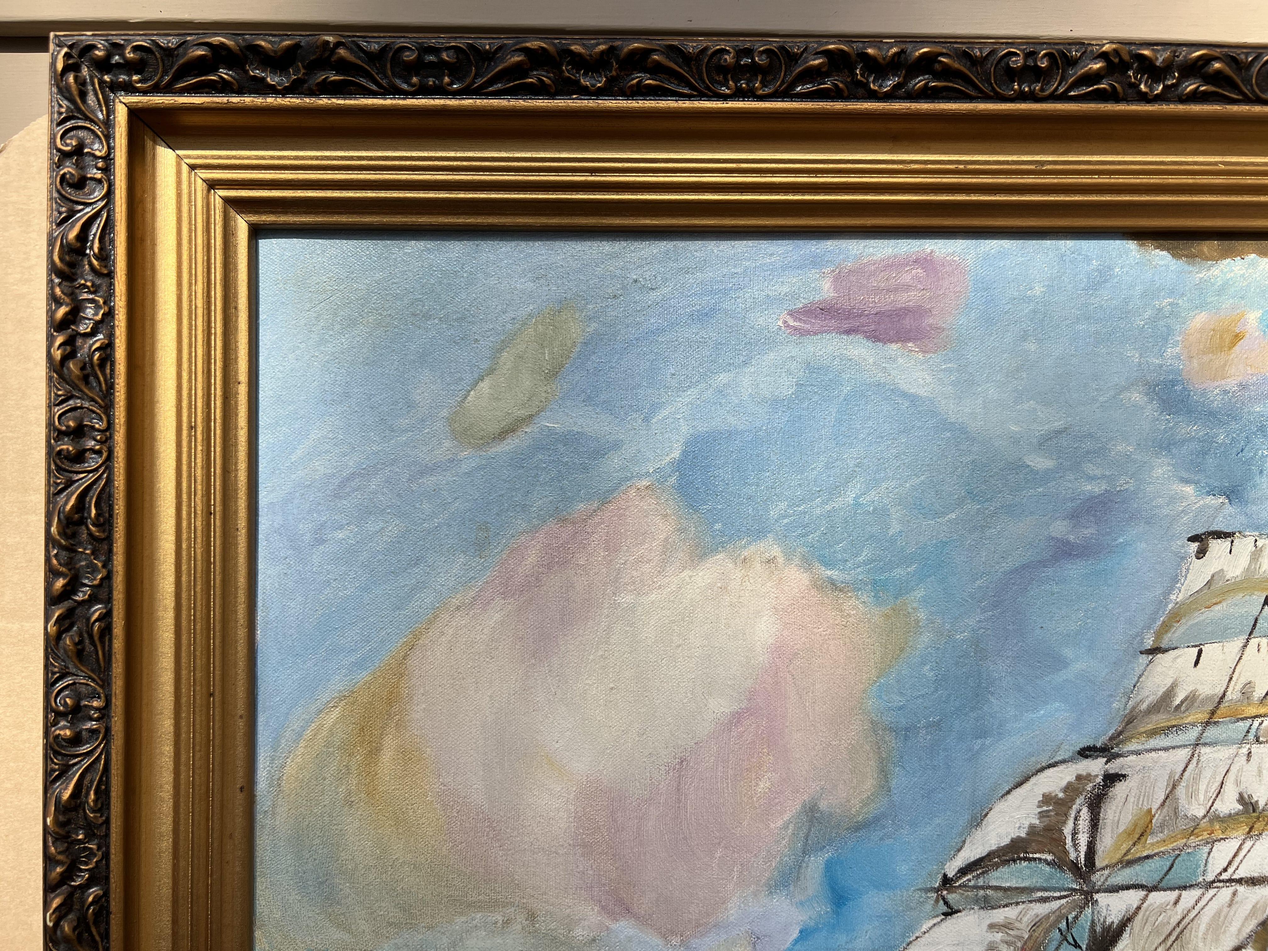 In vendita c'è un bellissimo olio su tela che raffigura un veliero nell'oceano. 

Monogram nell'angolo in basso a destra JJ. Il dipinto è in buone condizioni e presenta alcune screpolature.

Presentato in una cornice dorata intagliata nel legno. 