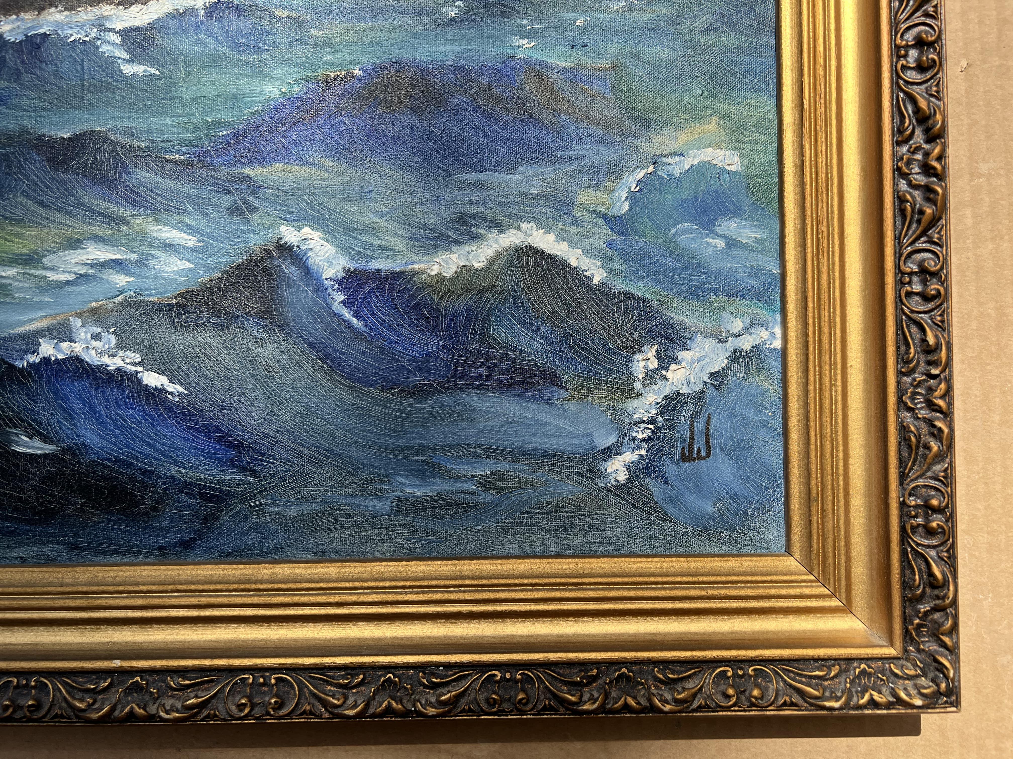 Dipinto a olio su tela d'epoca incorniciato, Nave a vela nell'oceano, firmato JJ 2