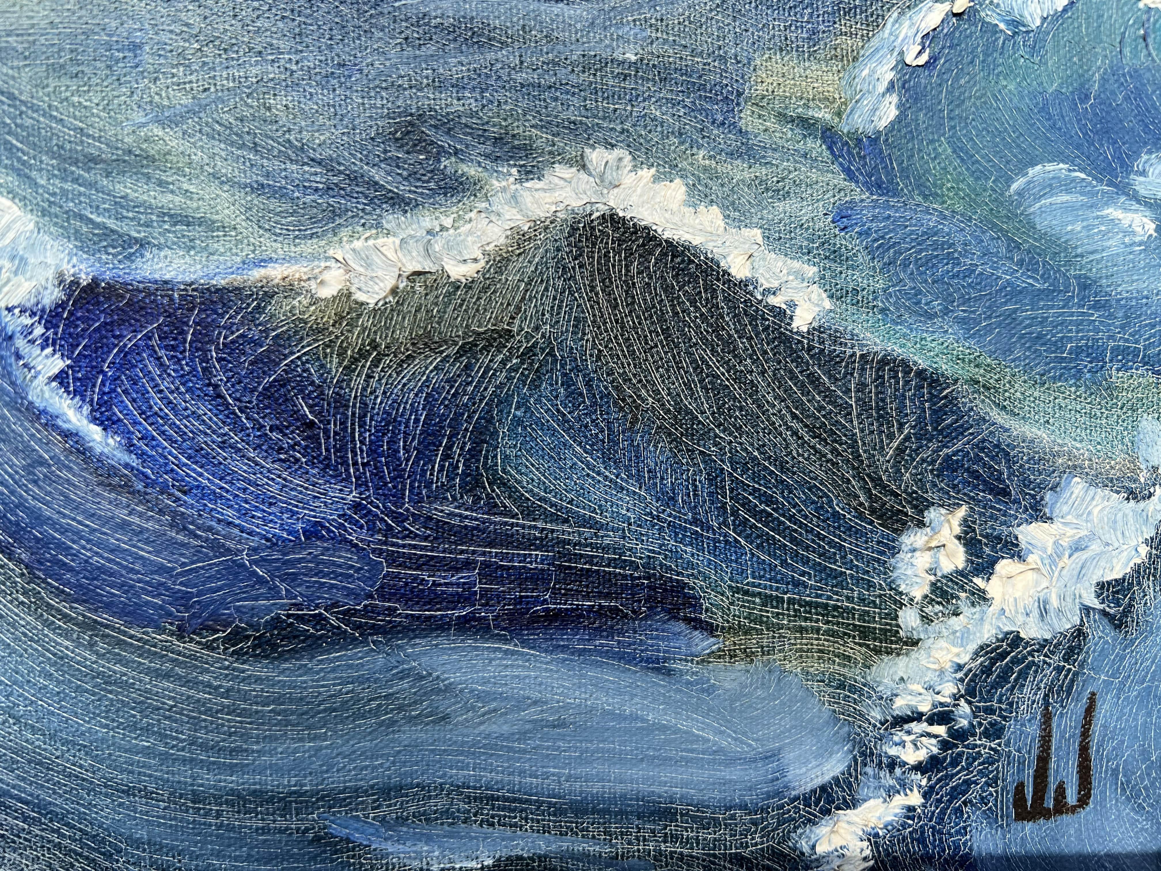 Dipinto a olio su tela d'epoca incorniciato, Nave a vela nell'oceano, firmato JJ 3