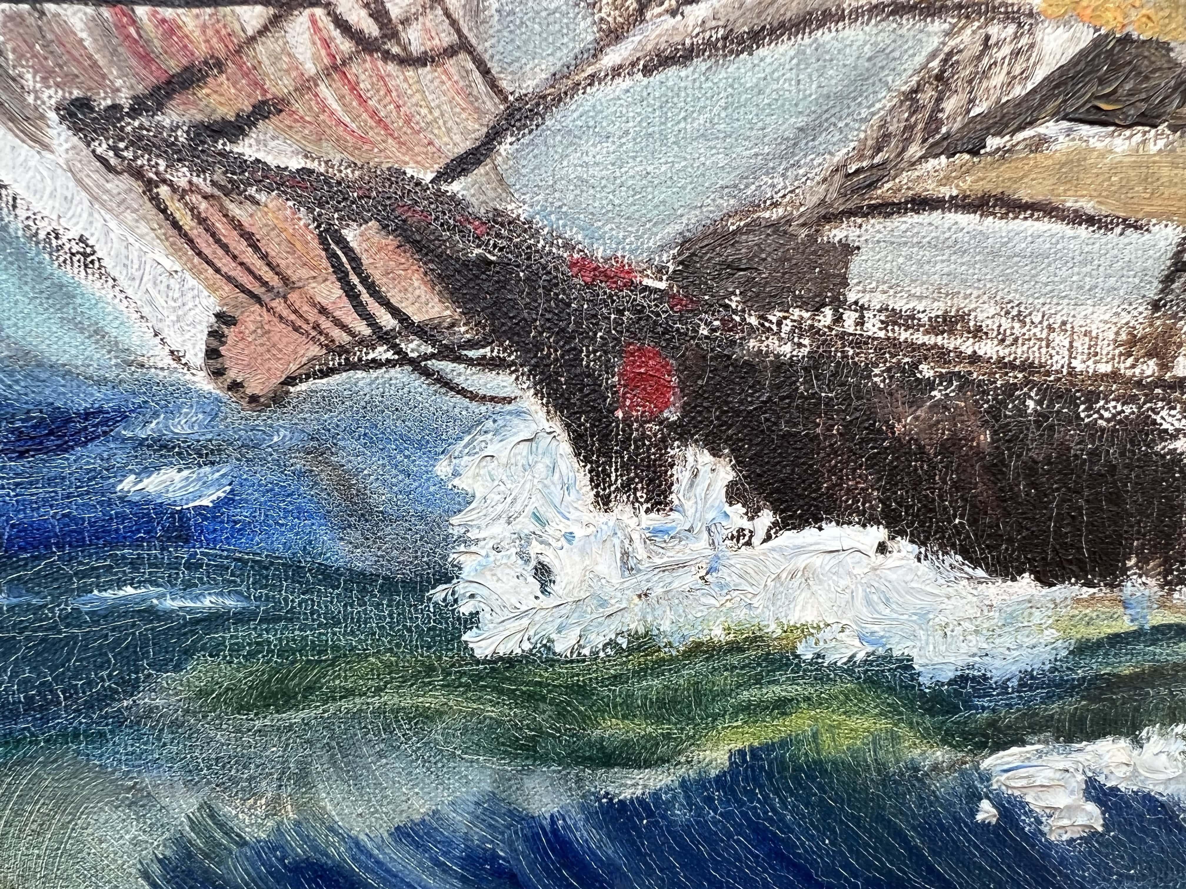 Dipinto a olio su tela d'epoca incorniciato, Nave a vela nell'oceano, firmato JJ 4
