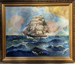 Dipinto a olio su tela d'epoca incorniciato, Nave a vela nell'oceano, firmato JJ