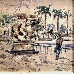 Gerahmtes Aquarell einer Stier-Skulptur in einem Park, die bewundert wird