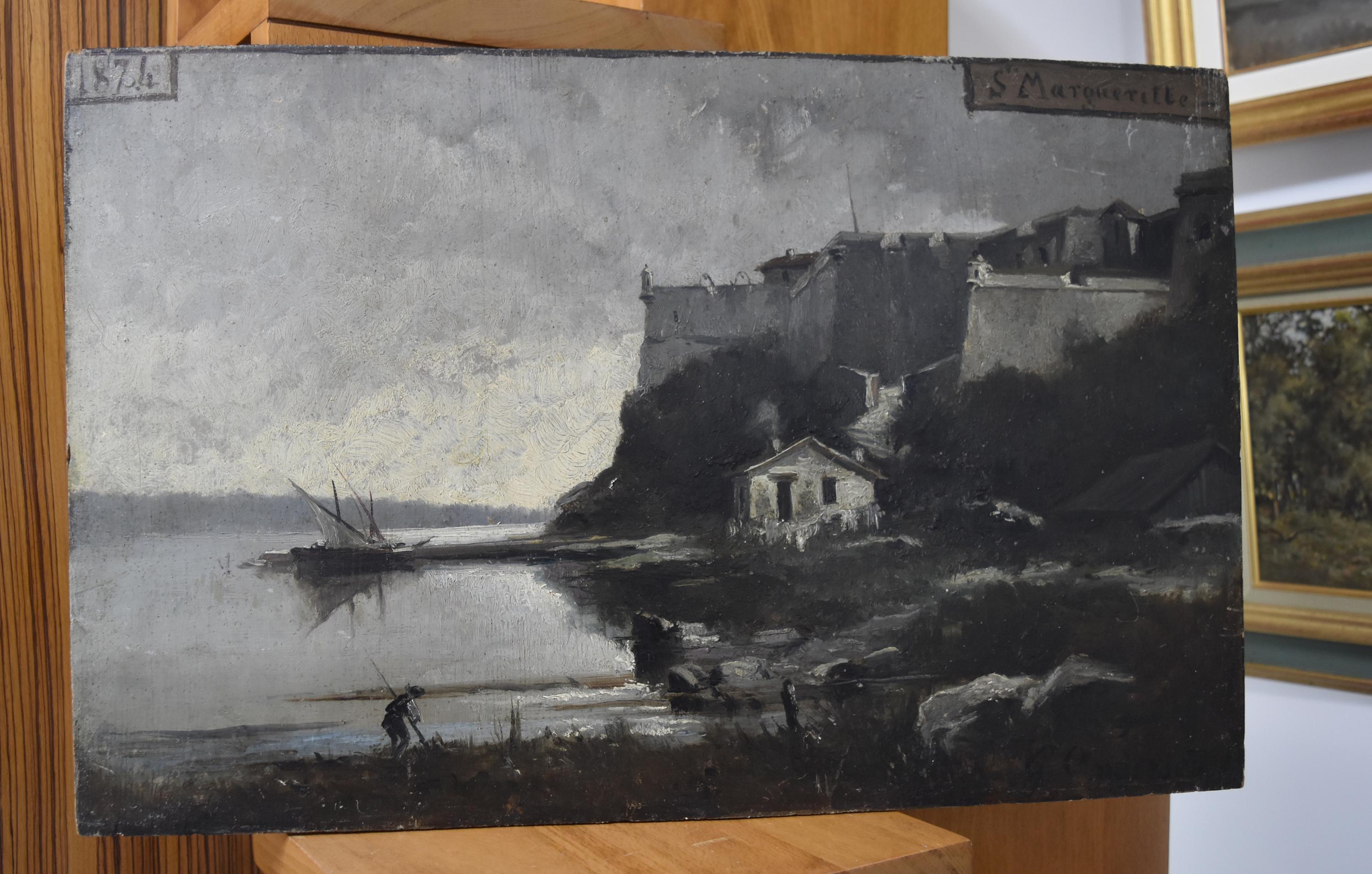 France 1874, The Fort of Sainte Marguerite (Cannes), Oil on panel, - Romantic Painting by Unknown