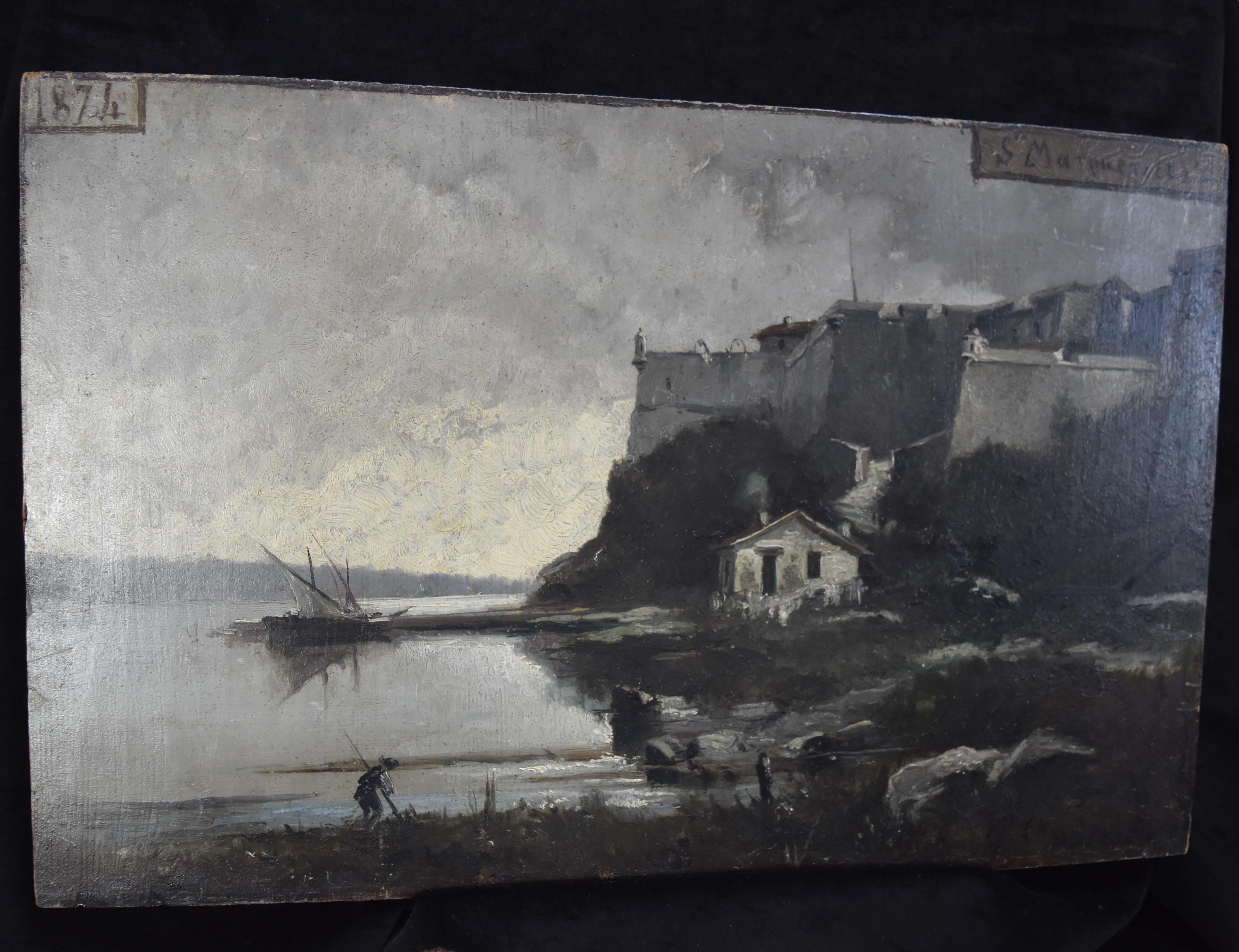 France 1874, The Fort of Sainte Marguerite (Cannes), Oil on panel, - Painting by Unknown