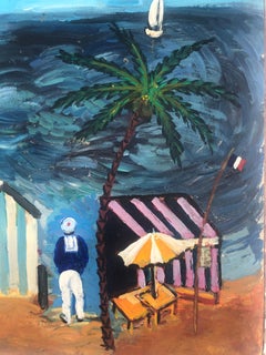 France Beach Acrylic Painting Seascape, Fauvist Style, 1990s, Unframed
