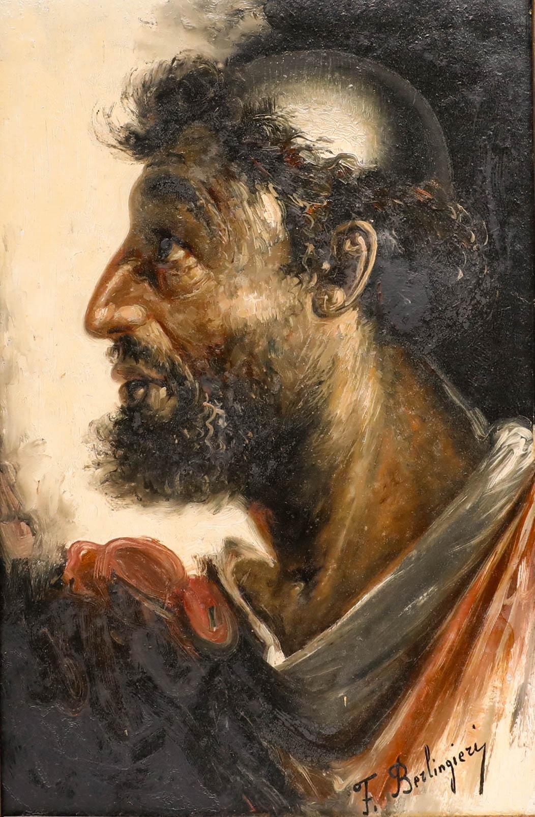Francesco Berlingieri  - Fin du 19e siècle Huile, Portrait d'un moine de profil - Painting de Unknown
